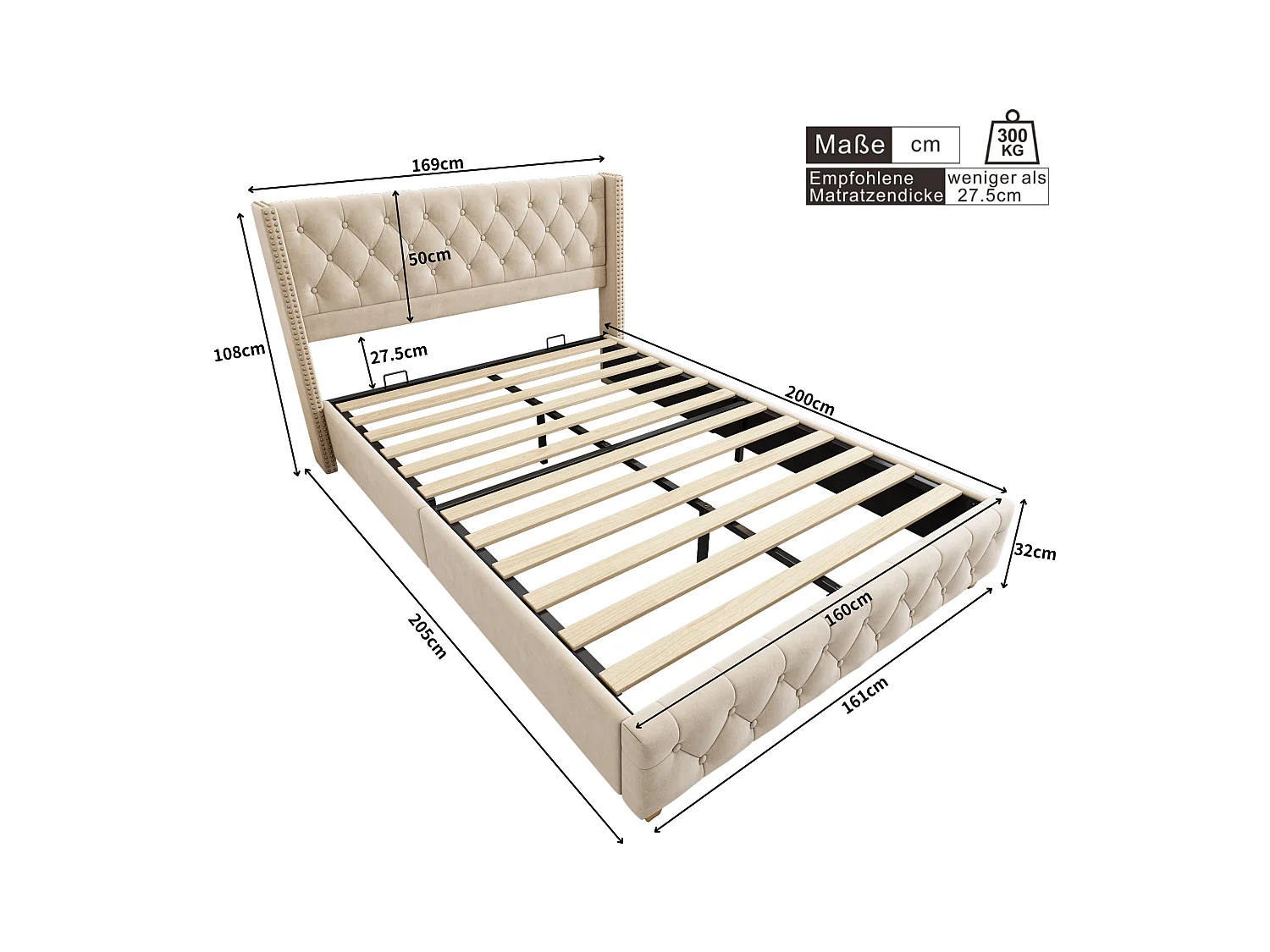 Lit adulte 160x200 cm - Lit double avec tête de lit et sommier à lattes en bois - velours beige clair