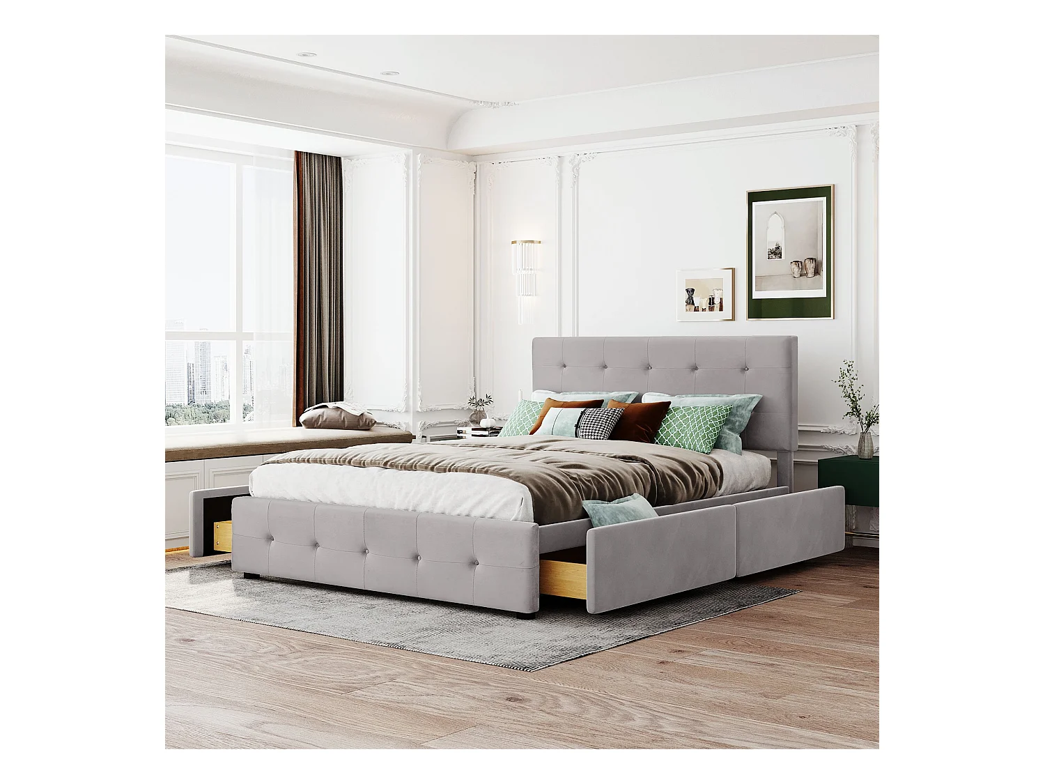 Lit adulte 140x200 cm - Lit double avec tiroirs et sommier à lattes - velours gris - sans matelas