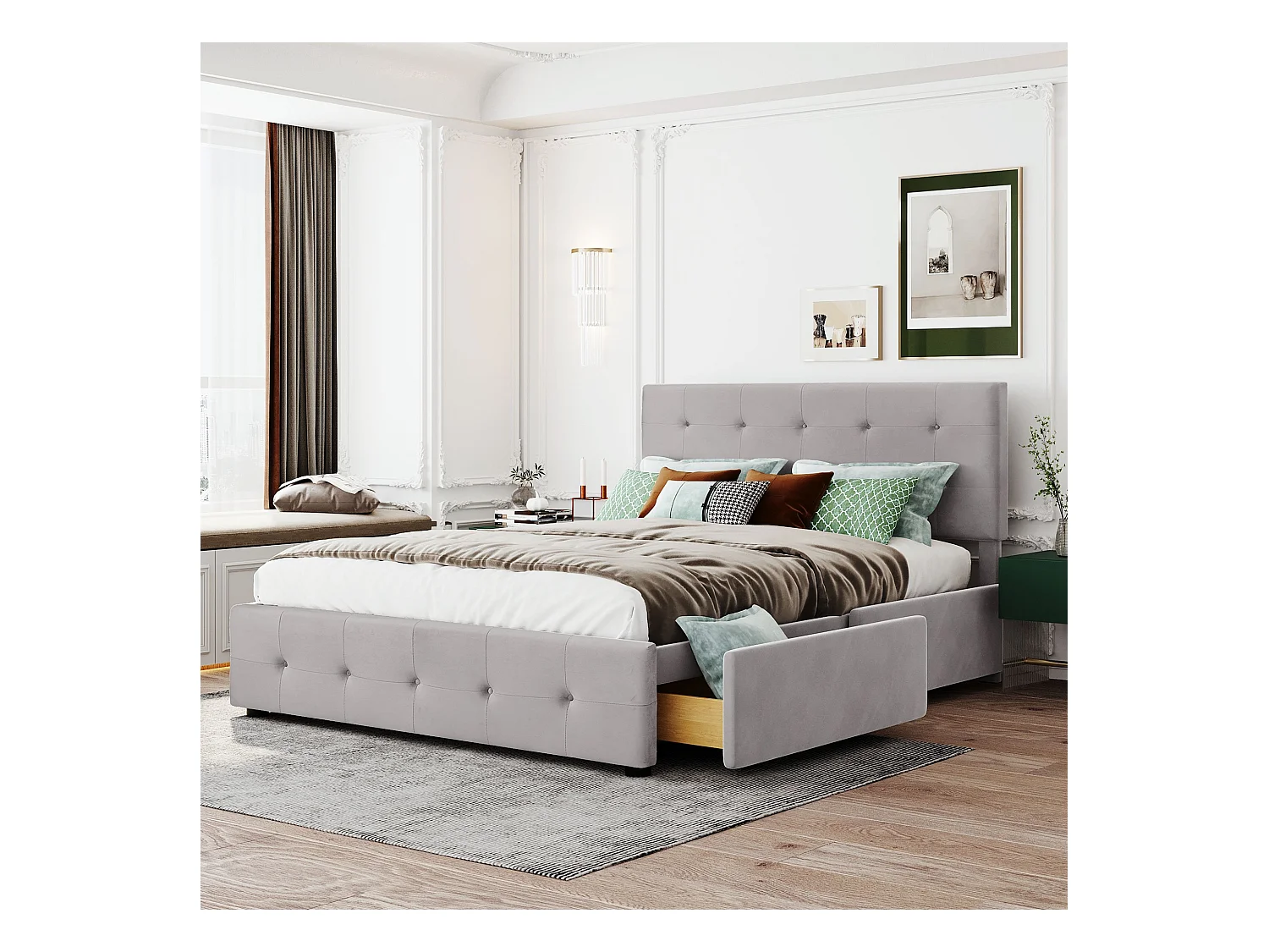 Lit adulte 140x200 cm - Lit double avec tiroirs et sommier à lattes - velours gris - sans matelas