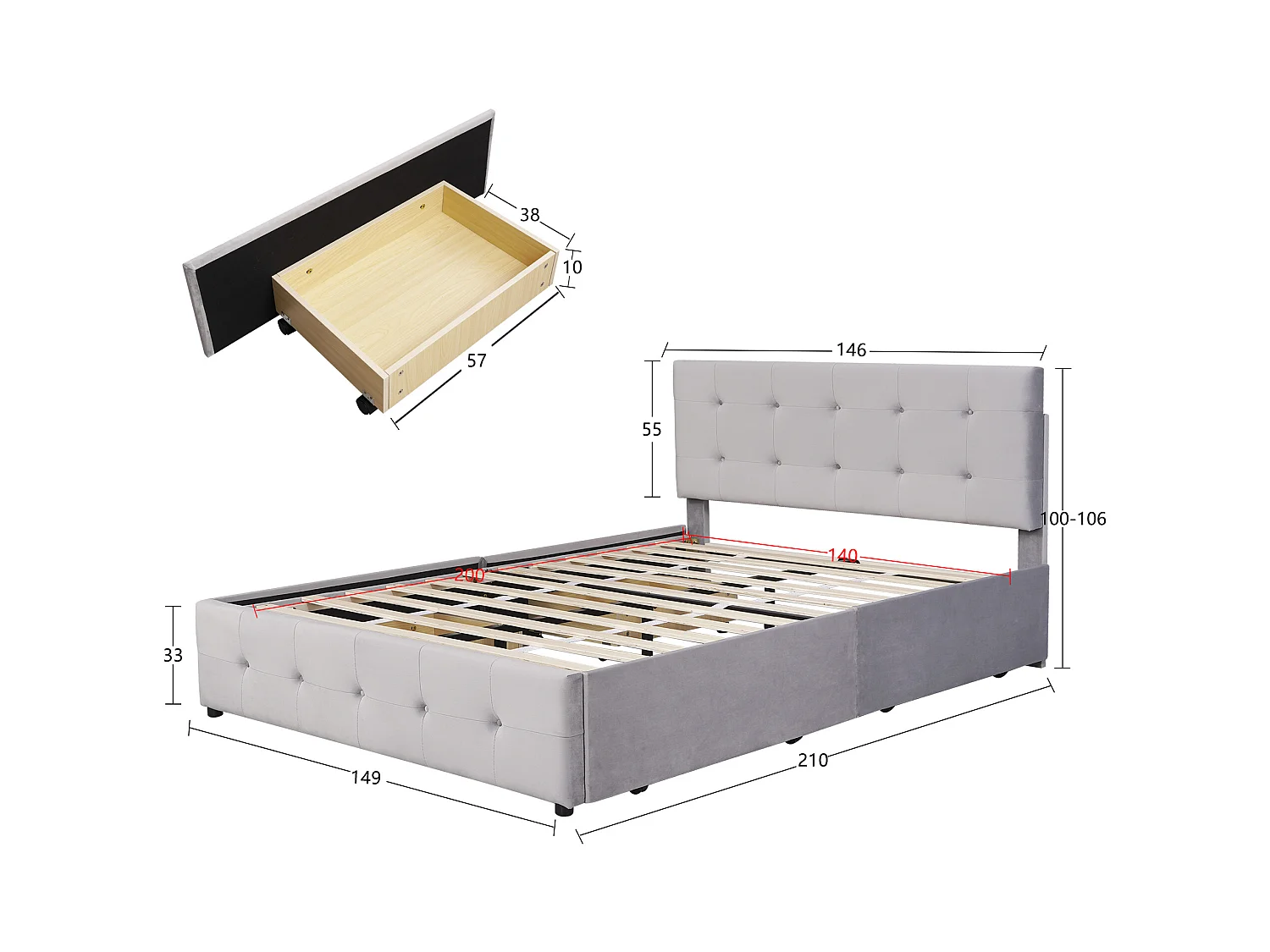 Lit adulte 140x200 cm - Lit double avec tiroirs et sommier à lattes - velours gris - sans matelas