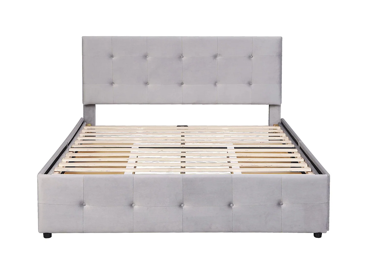 Lit adulte 140x200 cm - Lit double avec tiroirs et sommier à lattes - velours gris - sans matelas