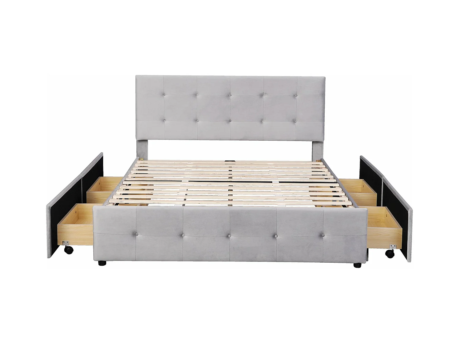 Lit adulte 140x200 cm - Lit double avec tiroirs et sommier à lattes - velours gris - sans matelas