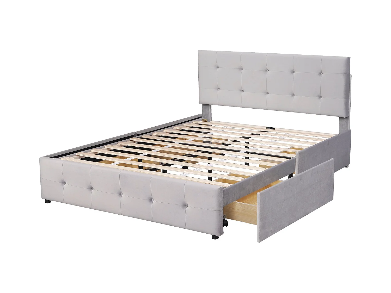 Lit adulte 140x200 cm - Lit double avec tiroirs et sommier à lattes - velours gris - sans matelas