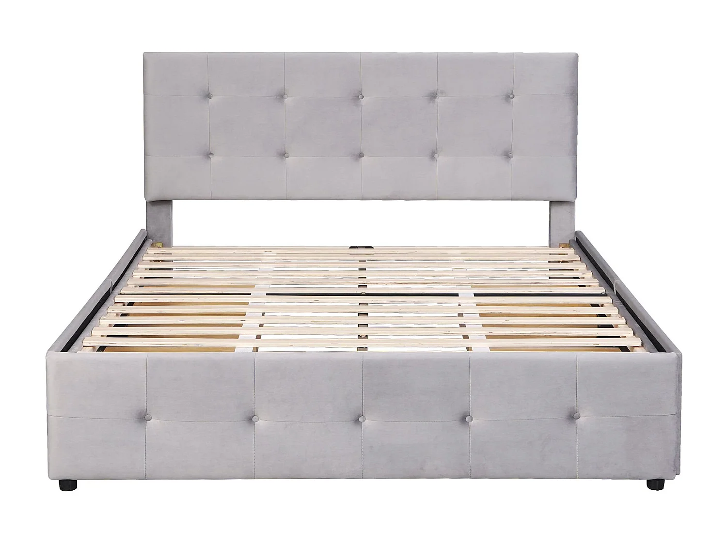 Lit adulte 140x200 cm - Lit double avec tiroirs et sommier à lattes - velours gris - sans matelas