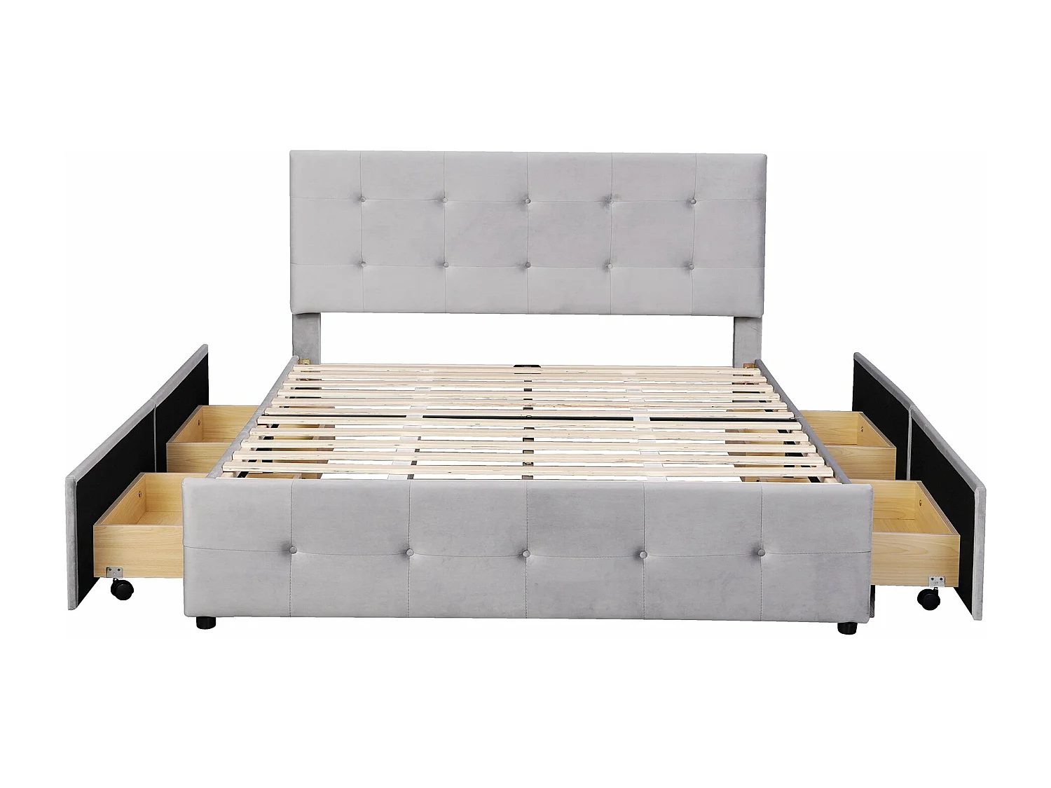 Lit adulte 140x200 cm - Lit double avec tiroirs et sommier à lattes - velours gris - sans matelas
