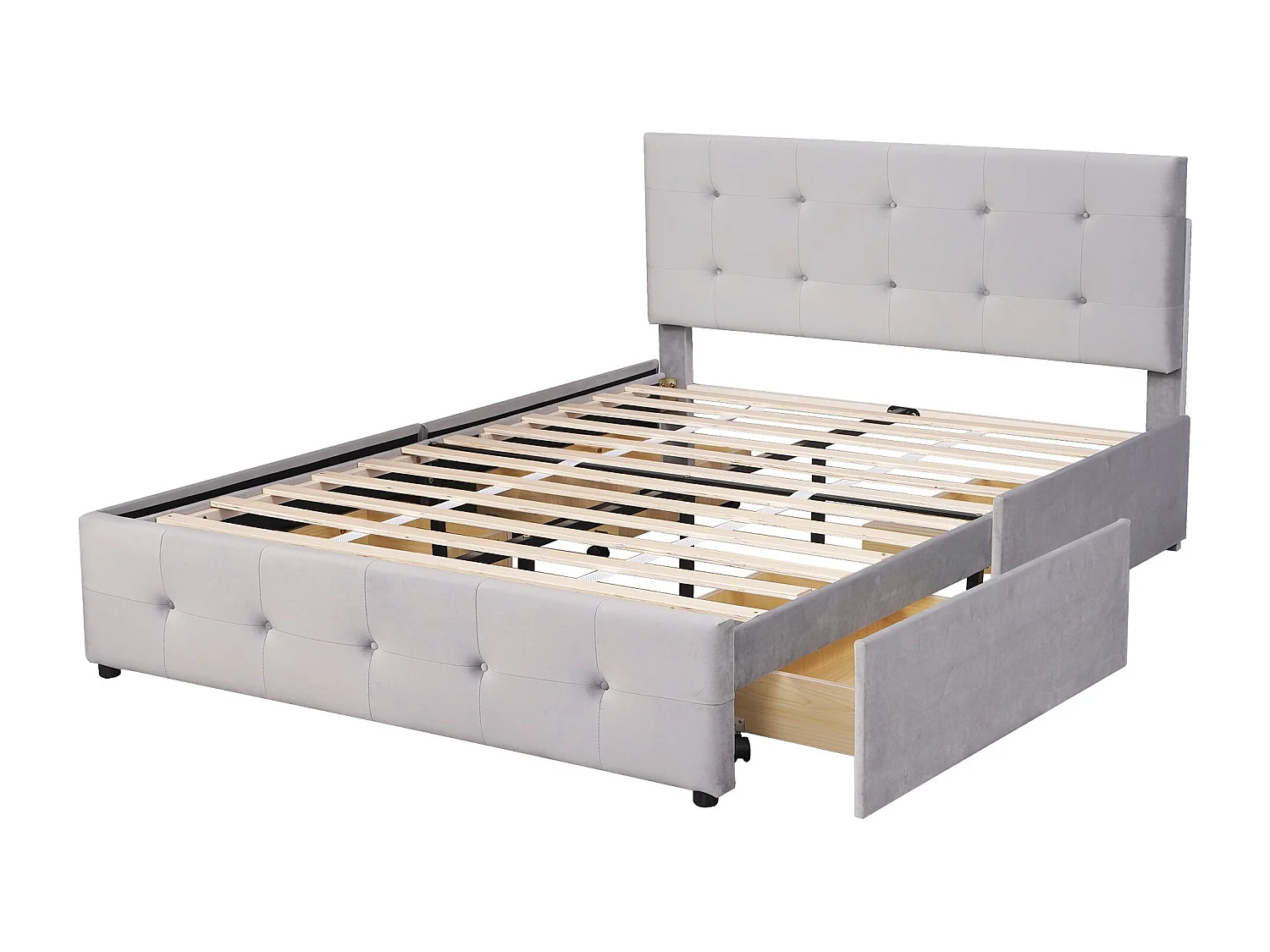 Lit adulte 140x200 cm - Lit double avec tiroirs et sommier à lattes - velours gris - sans matelas