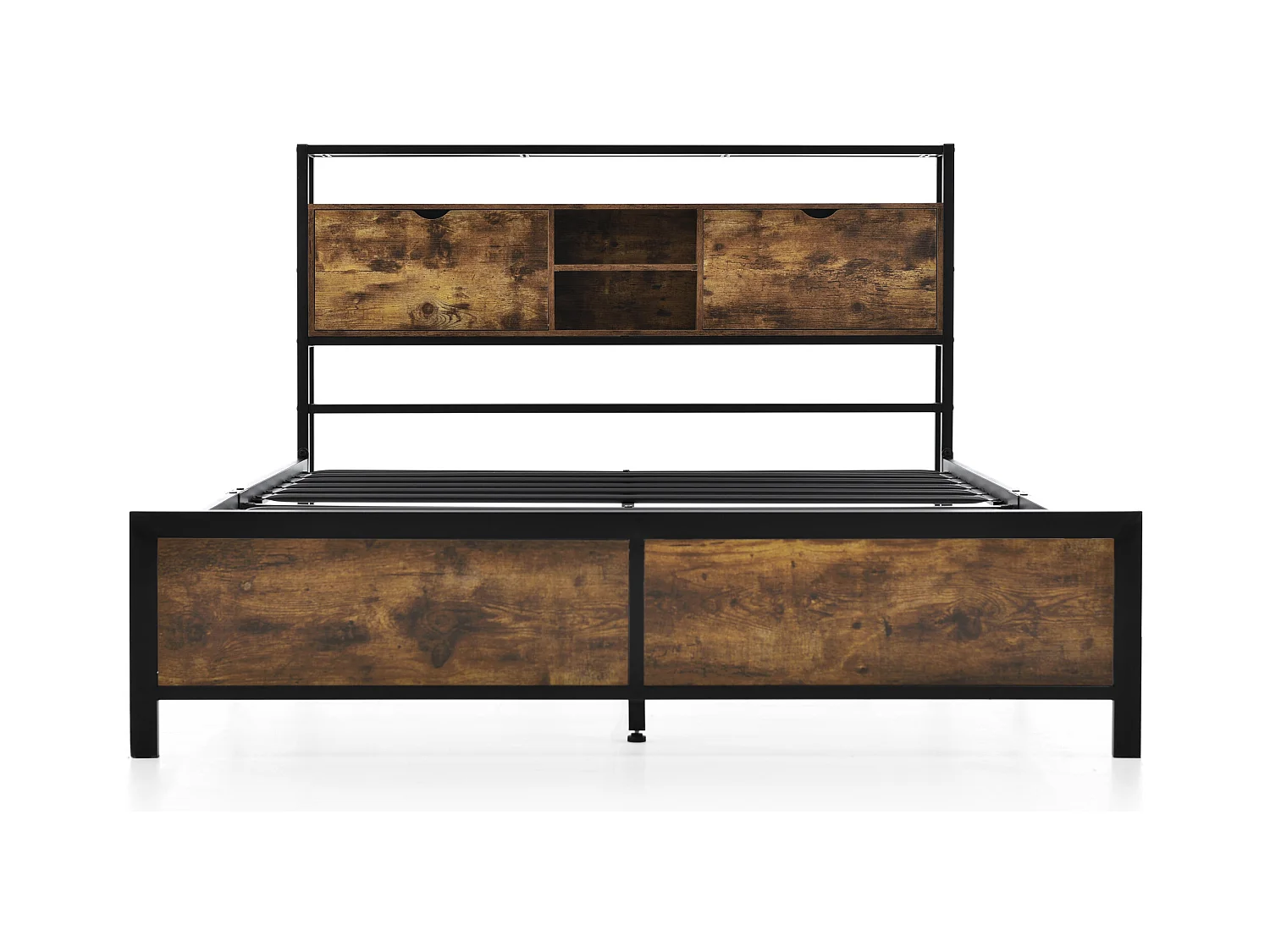 Lit double 140x200 cm - Lit ado avec tête de lit coffre et sommier à lattes métalliques - naturel