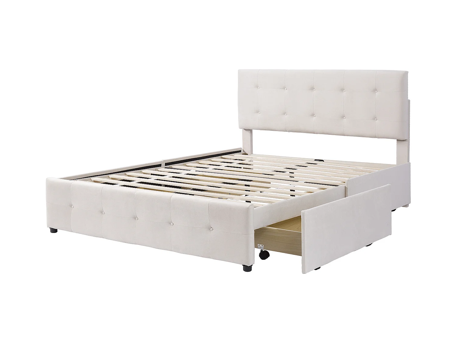 Lit adulte 140x200 cm - Lit double avec tiroirs et sommier à lattes - velours beige - sans matelas