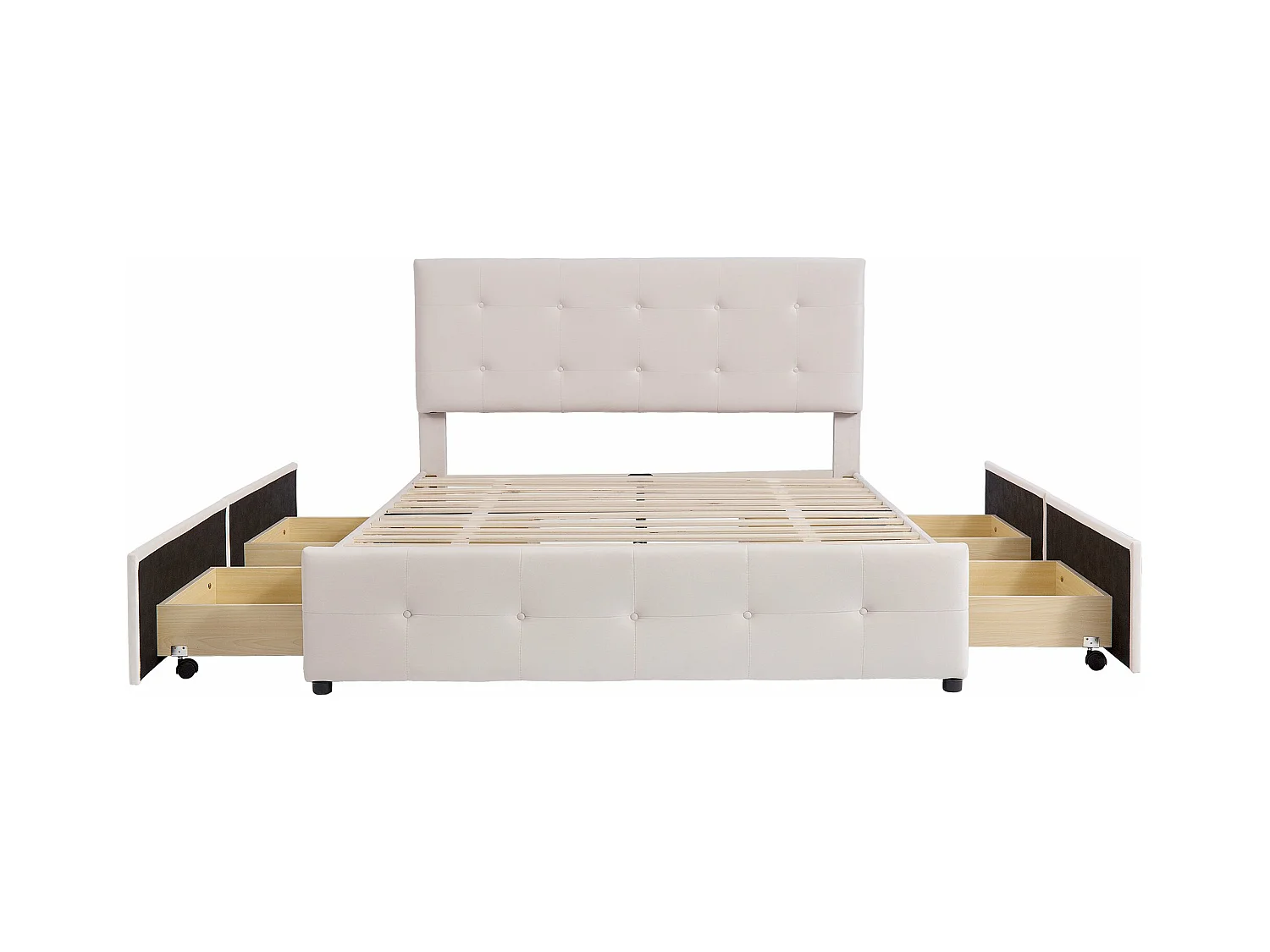 Lit adulte 140x200 cm - Lit double avec tiroirs et sommier à lattes - velours beige - sans matelas