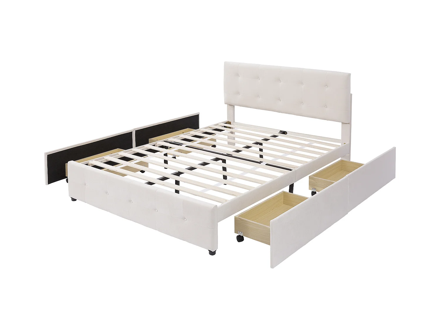 Lit adulte 140x200 cm - Lit double avec tiroirs et sommier à lattes - velours beige - sans matelas