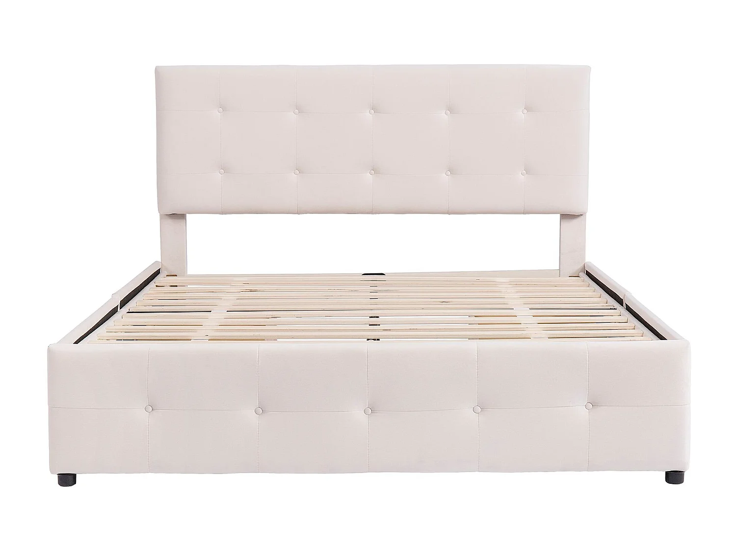 Lit adulte 140x200 cm - Lit double avec tiroirs et sommier à lattes - velours beige - sans matelas