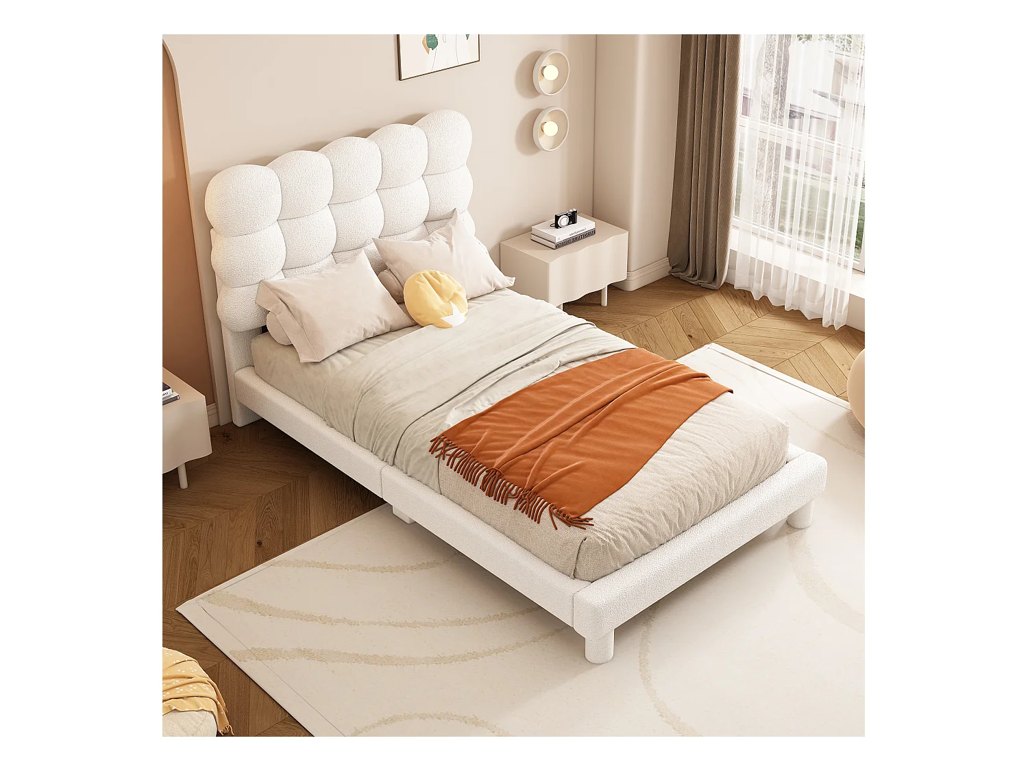 lit simple enfant 90x200cm en tissu pelucheux blanc avec tête de lit réglable et design élégant(sans matelas)