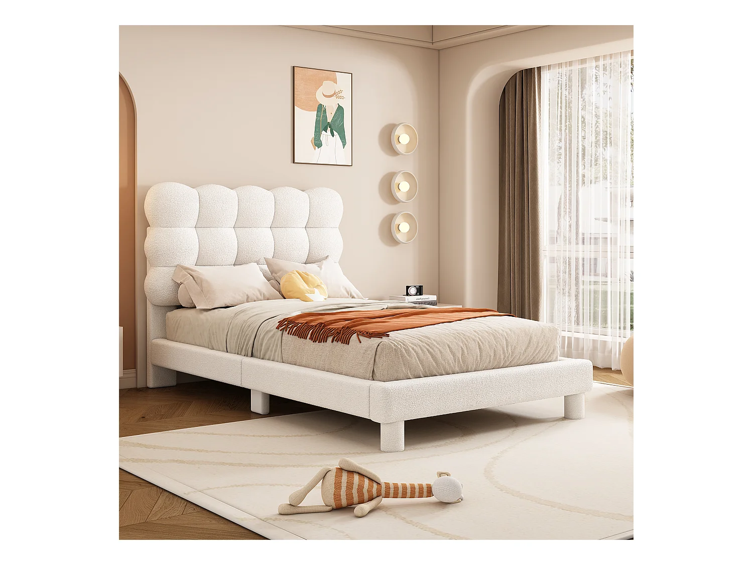 Cama individual infantil 90x200 cm en tela peluche blanca con cabecero ajustable y diseño elegante (sin colchón)