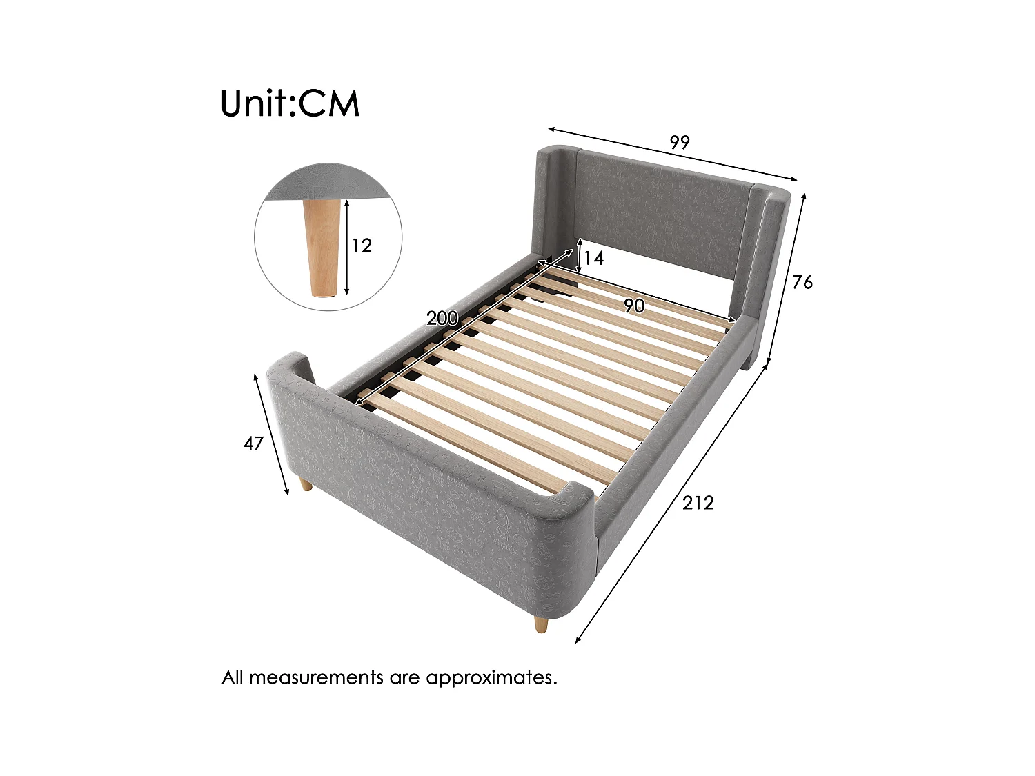 Lit enfant 90x200 cm - Lit simple avec sommier à lattes en bois - Imprimé dessin animé - velours gris