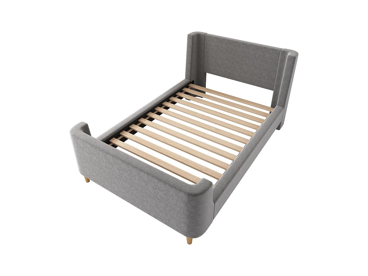 Lit enfant 90x200 cm - Lit simple avec sommier à lattes en bois - Imprimé dessin animé - velours gris