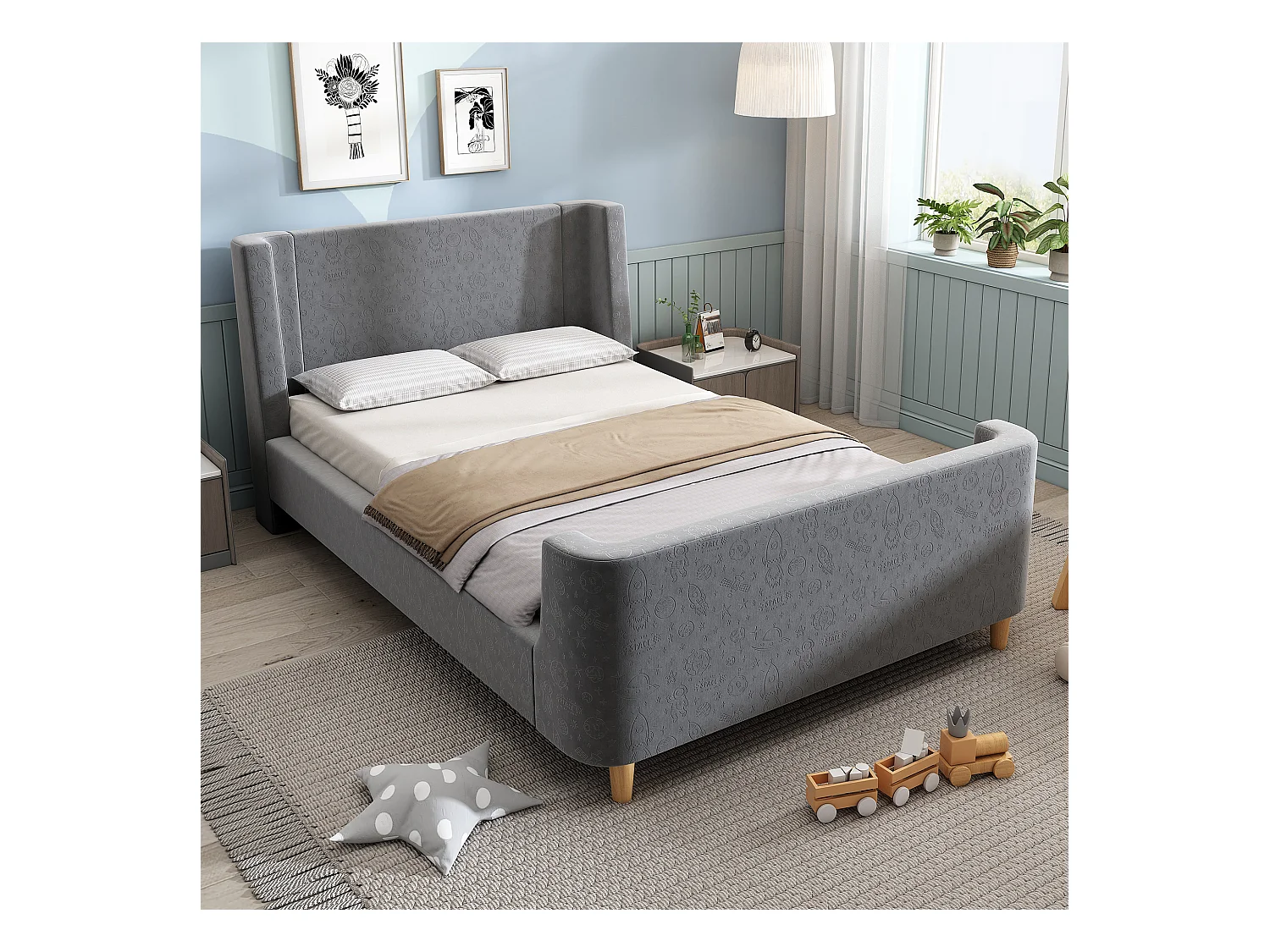 Lit enfant 90x200 cm - Lit simple avec sommier à lattes en bois - Imprimé dessin animé - velours gris