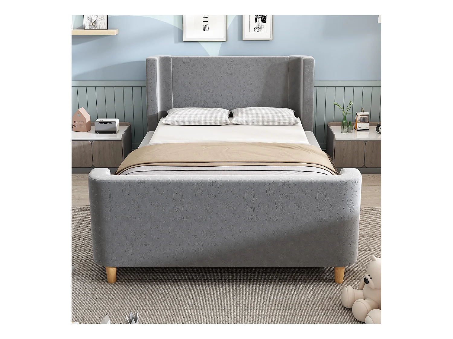 Lit enfant 90x200 cm - Lit simple avec sommier à lattes en bois - Imprimé dessin animé - velours gris