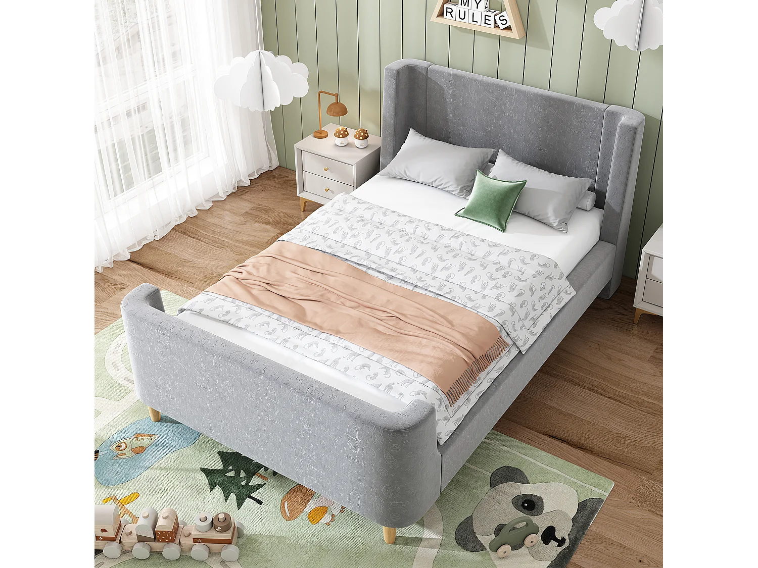 Lit enfant 90x200 cm - Lit simple avec sommier à lattes en bois - Imprimé dessin animé - velours gris