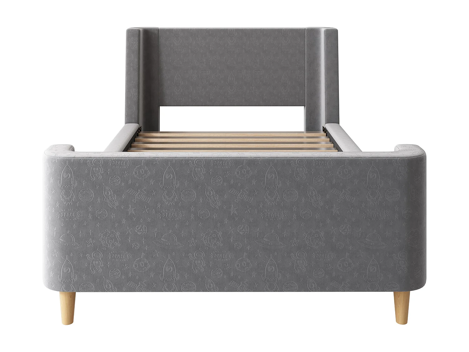 Lit enfant 90x200 cm - Lit simple avec sommier à lattes en bois - Imprimé dessin animé - velours gris