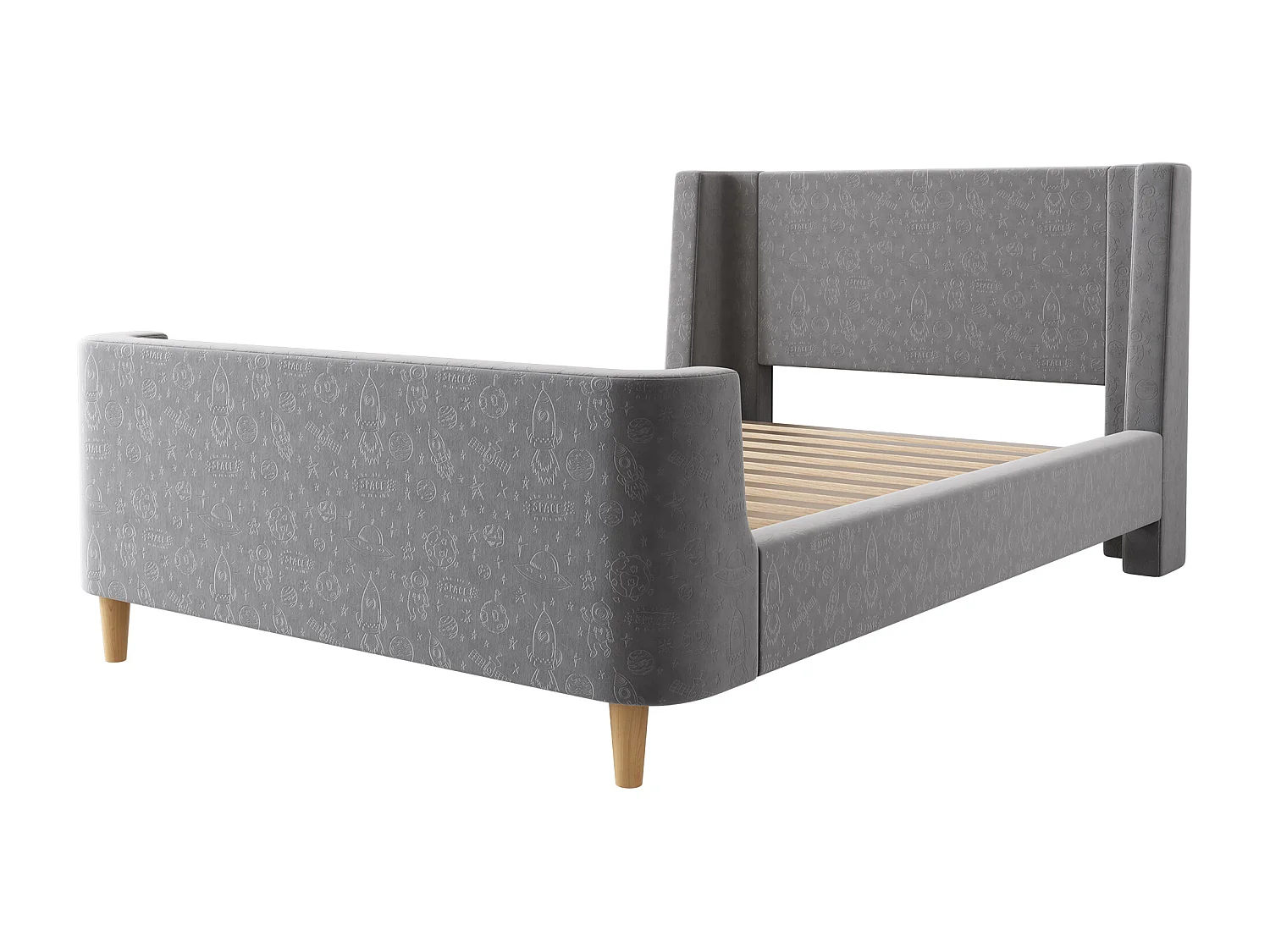 Lit enfant 90x200 cm - Lit simple avec sommier à lattes en bois - Imprimé dessin animé - velours gris