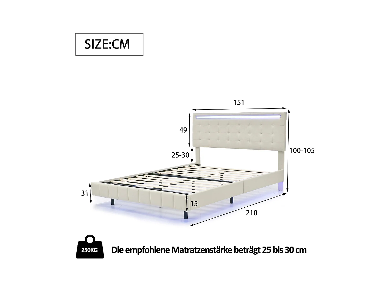 Tweepersoonsbed 140x200 cm - Volwassen bed met LED-verlichting en USB-oplader - beige linnen