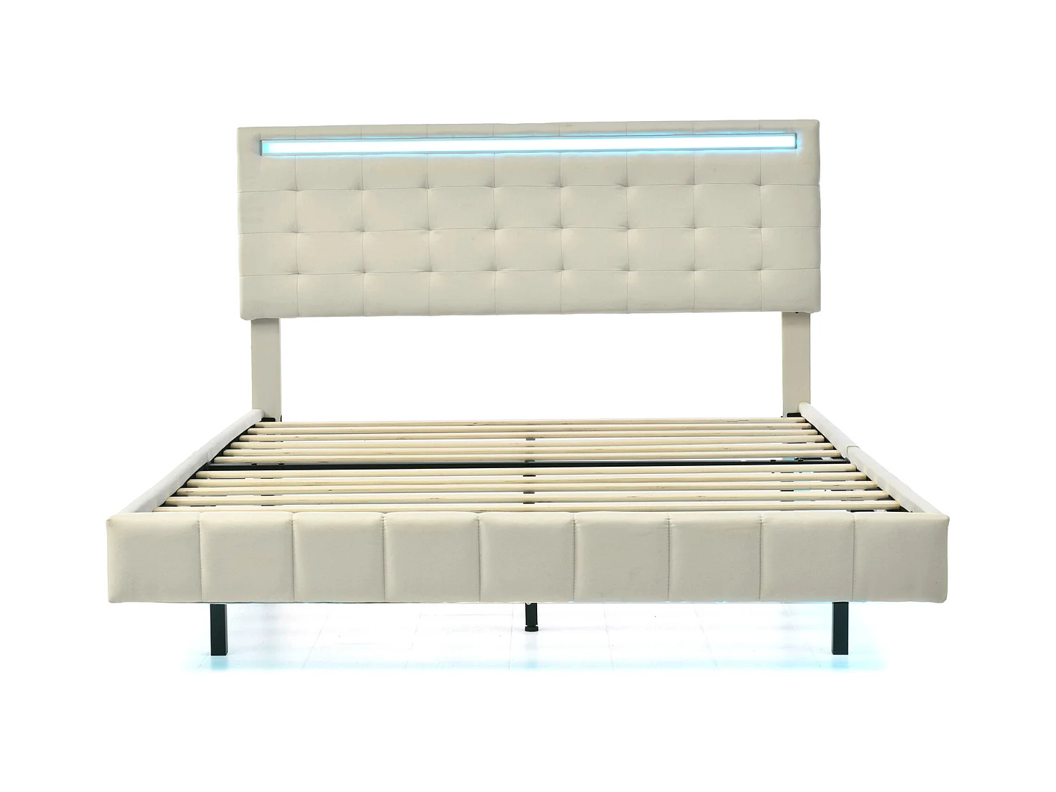 Tweepersoonsbed 140x200 cm - Volwassen bed met LED-verlichting en USB-oplader - beige linnen