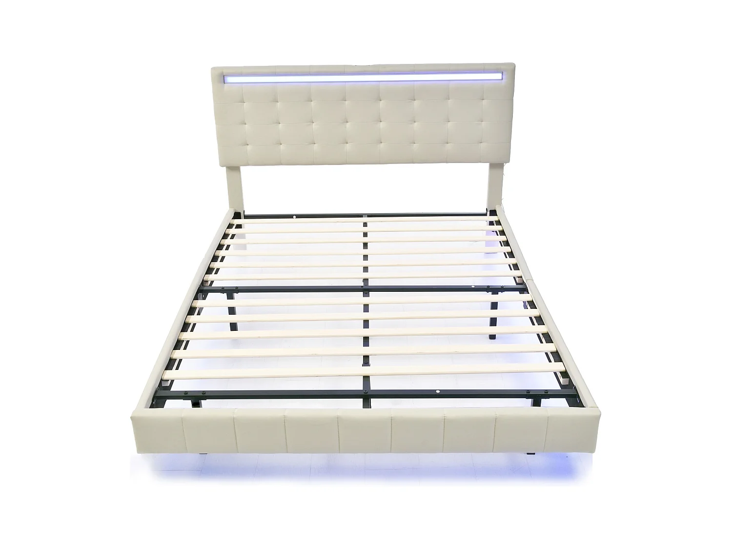 Lit double 140x200 cm - Lit adulte avec éclairage LED et recharge USB - lin beige