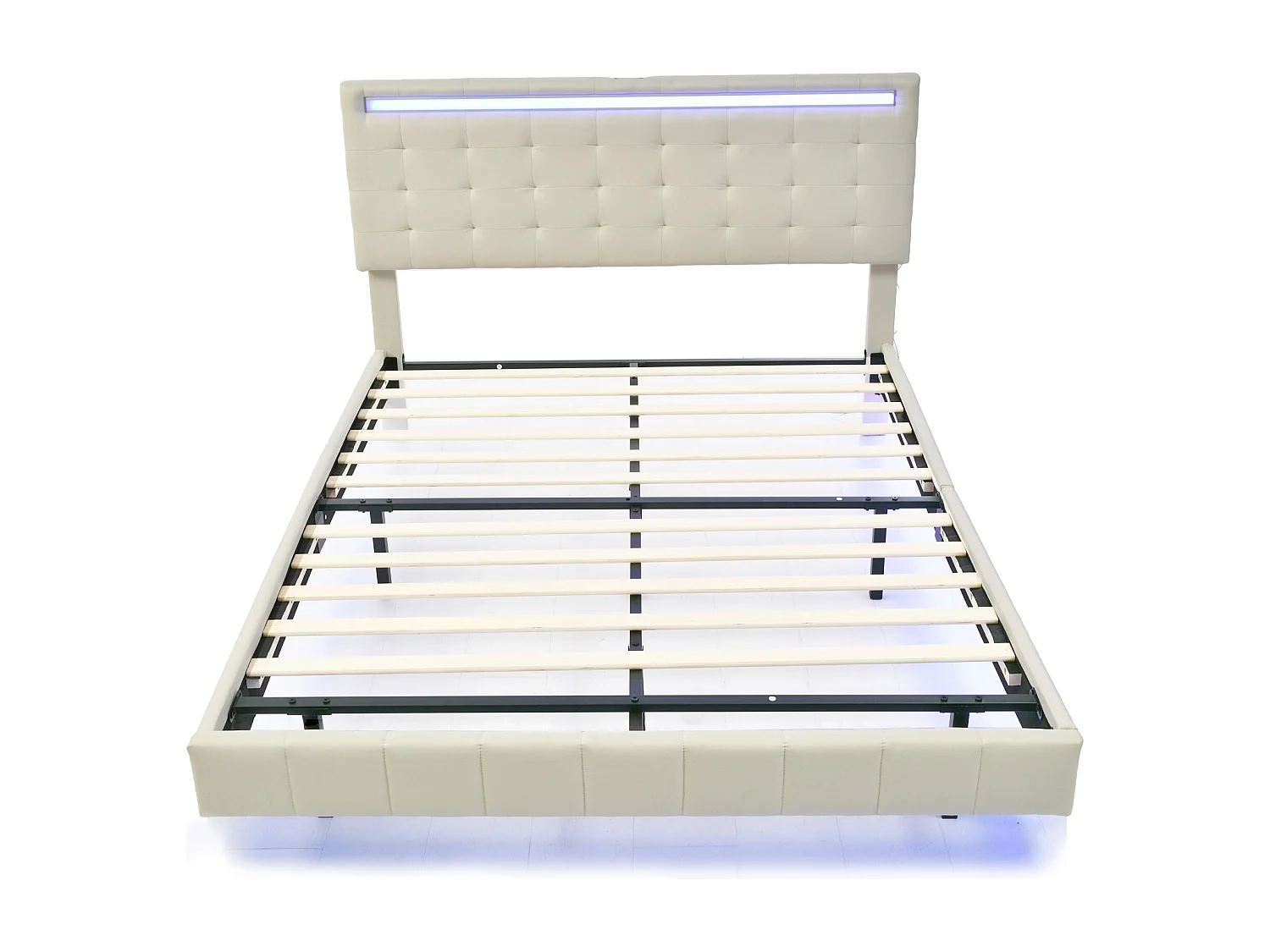 Lit double 140x200 cm - Lit adulte avec éclairage LED et recharge USB - lin beige