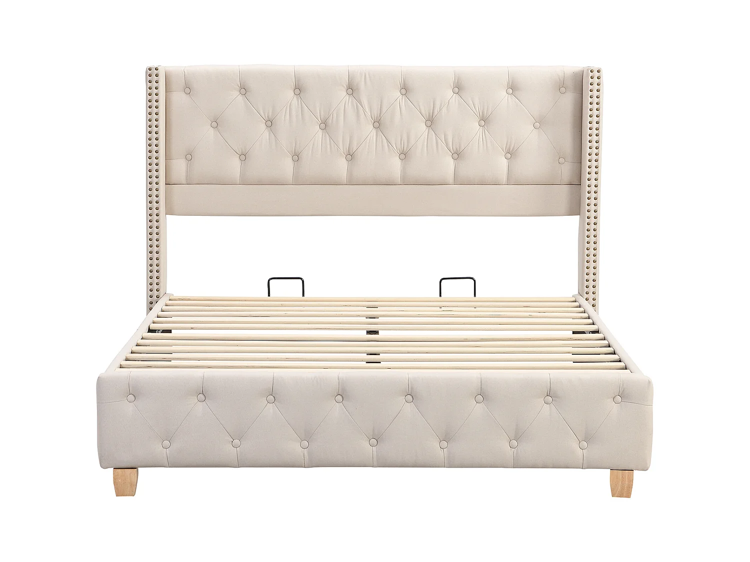 Tweepersoonsbed 140x190 cm - Volwassen bed met hoofdeinde en houten lattenbodem - beige linnen
