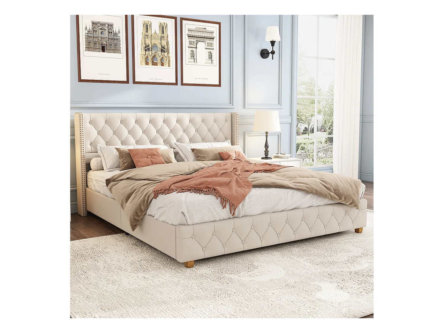 Lit double 140x190 cm - Lit adulte avec tête de lit et sommier à lattes en bois - lin beige