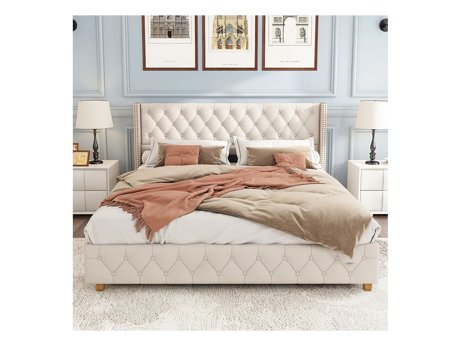 Lit double 140x190 cm - Lit adulte avec tête de lit et sommier à lattes en bois - lin beige