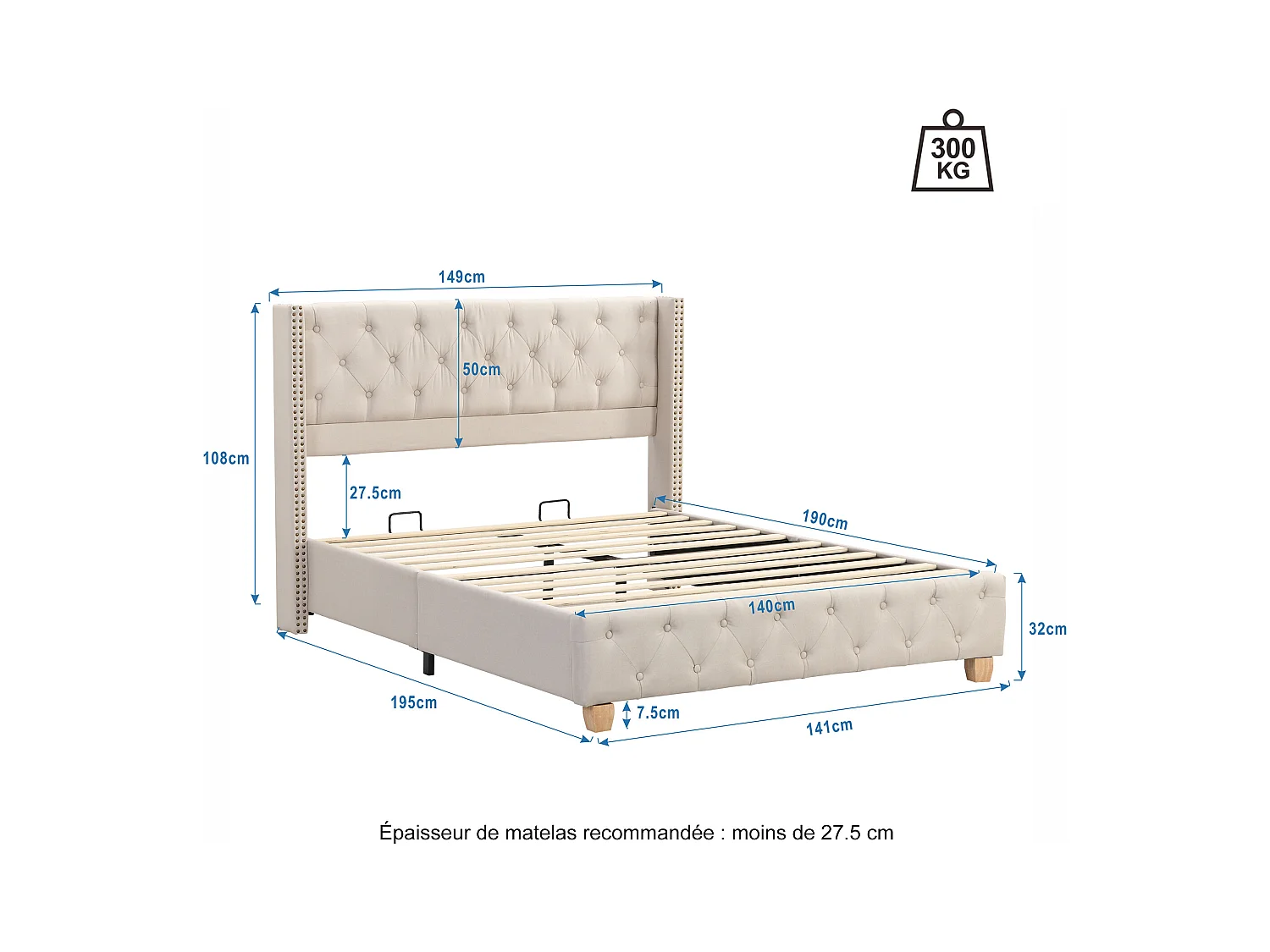 Lit double 140x190 cm - Lit adulte avec tête de lit et sommier à lattes en bois - lin beige
