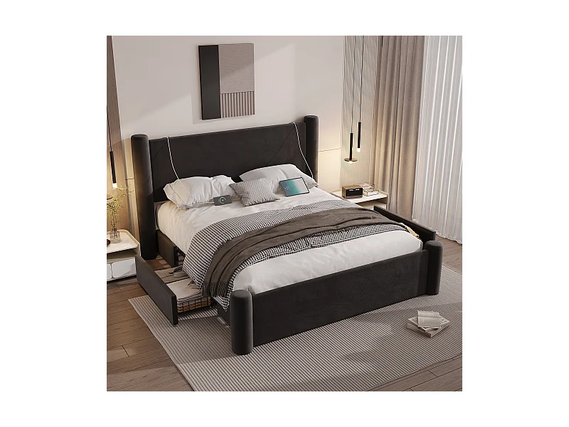 Cama tapizada 160x200 cm - Cama de matrimonio con cargador USB y 2 cajones - patas cilíndricas - terciopelo negro
