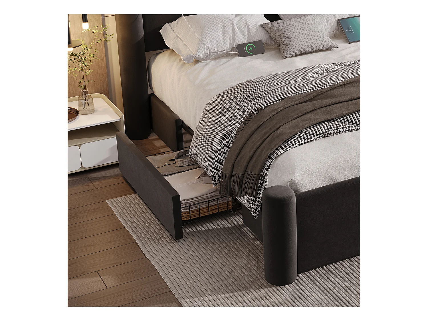 Lit adulte 160x200 cm - Lit double avec chargeur USB et 2 tiroirs - pieds cylindriques - velours noir
