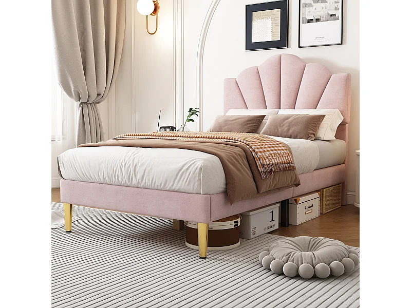 Lit enfant 90x200 cm en velours Rose, lit de style coquillage avec pieds en fer doré (sans matelas)