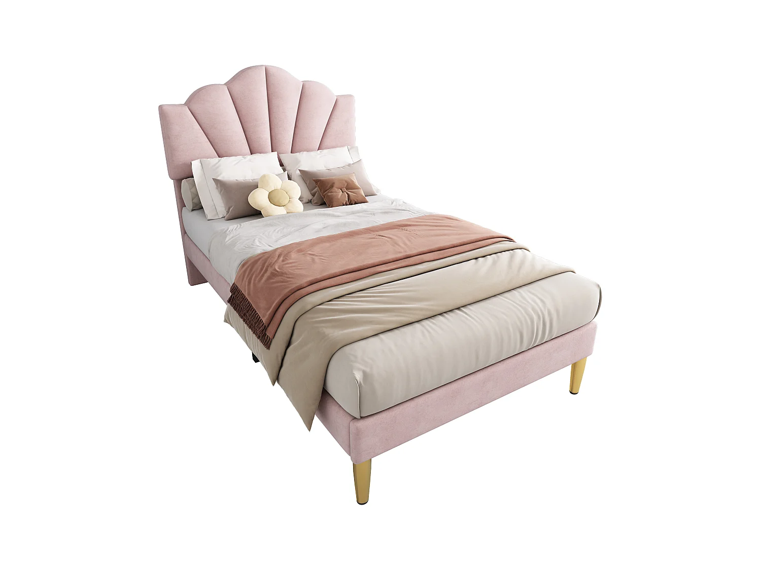 Letto singolo 90x200 cm in velluto rosa, modello a conchiglia con gambe in ferro dorato (senza materasso)