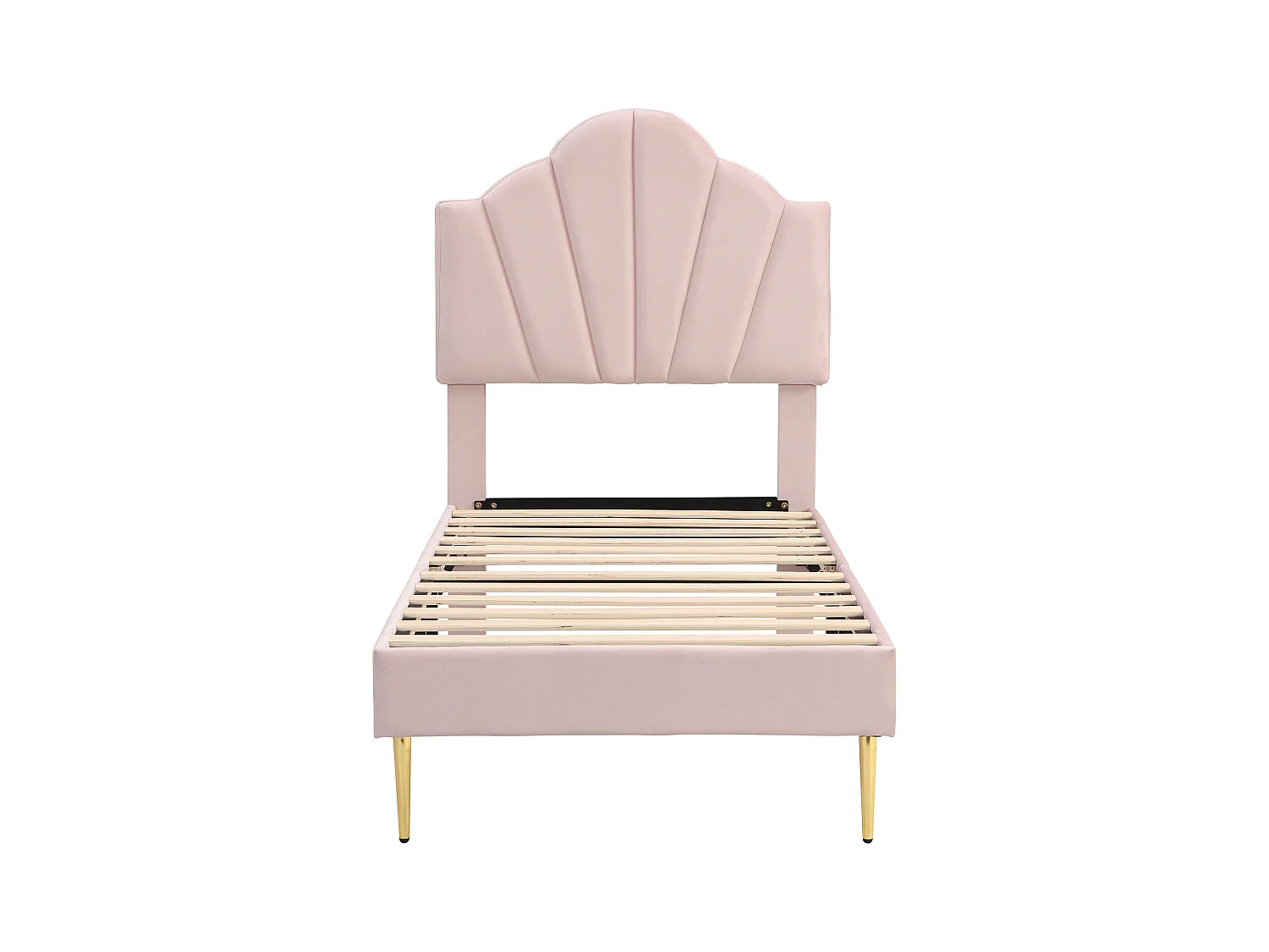 Letto singolo 90x200 cm in velluto rosa, modello a conchiglia con gambe in ferro dorato (senza materasso)
