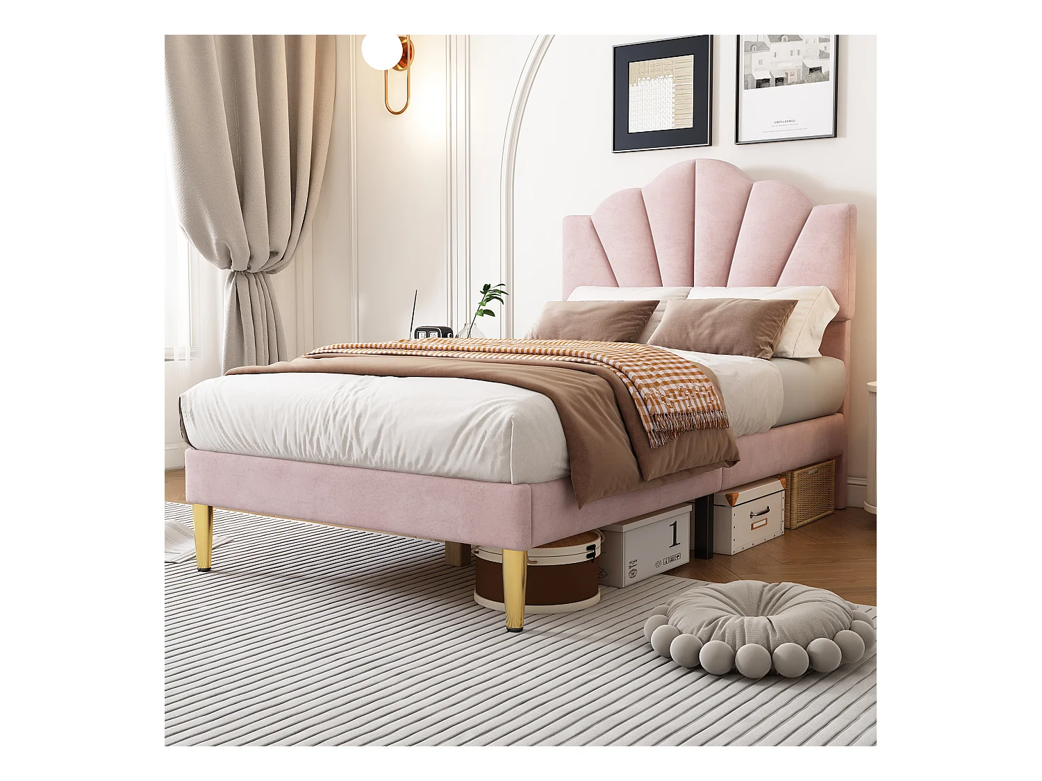 Lit enfant 90x200 cm en velours Rose, lit de style coquillage avec pieds en fer doré (sans matelas)