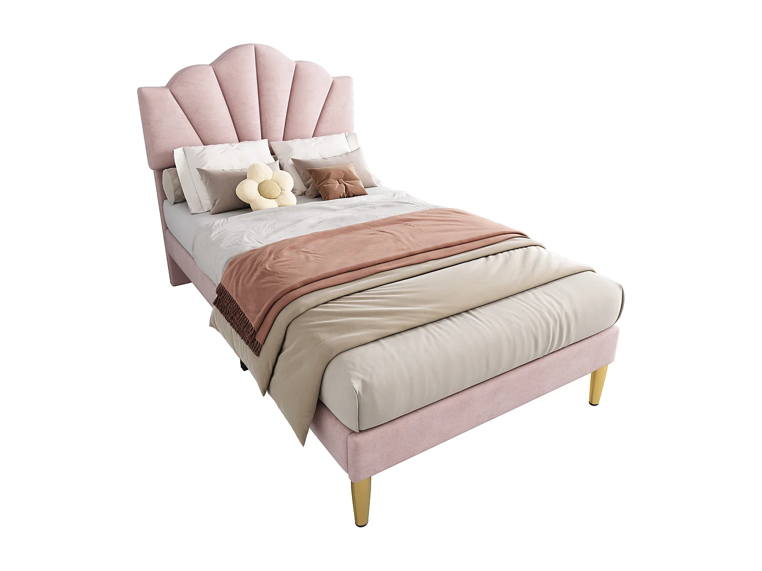 Lit enfant 90x200 cm en velours Rose, lit de style coquillage avec pieds en fer doré (sans matelas)