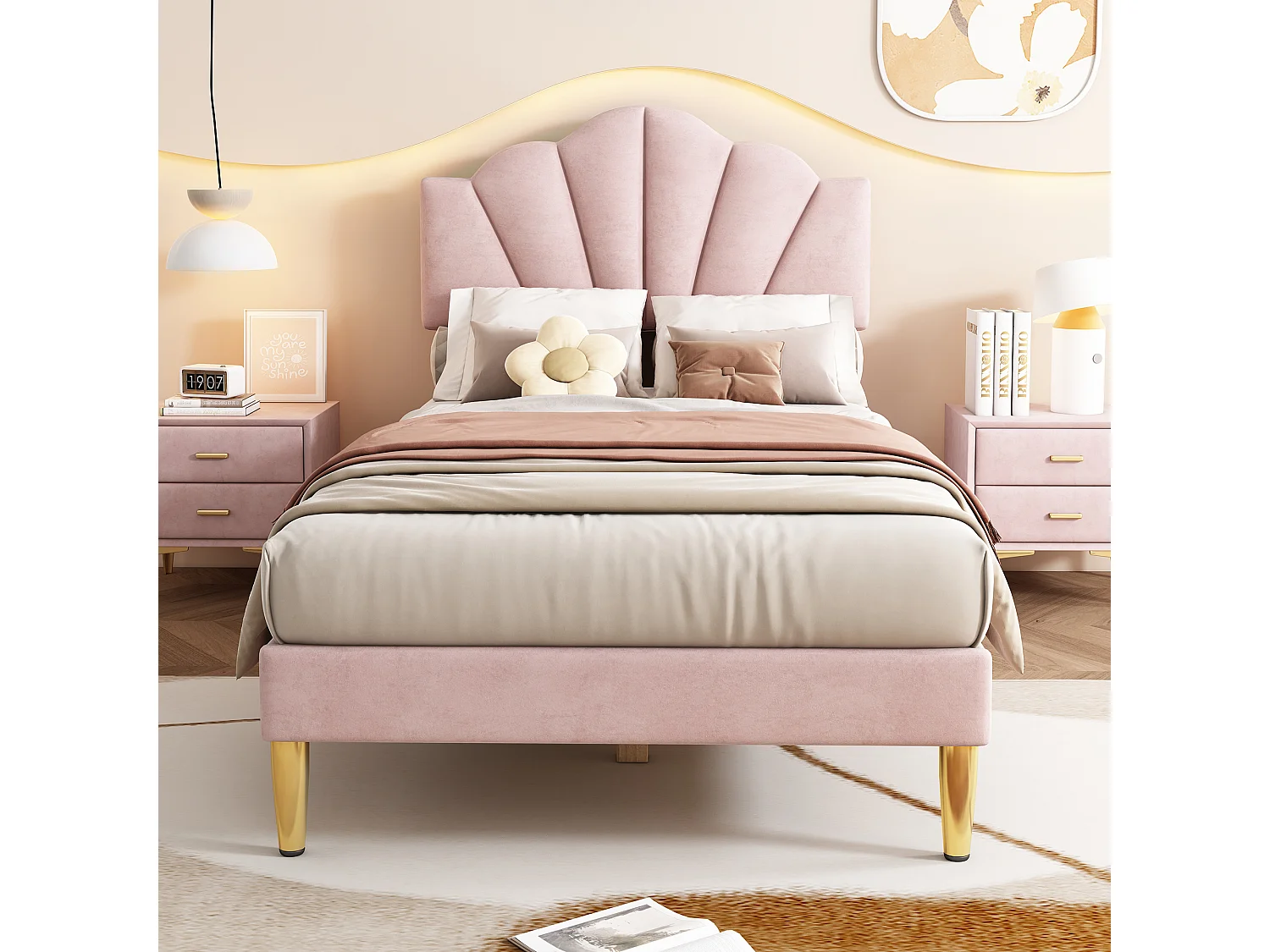 Lit enfant 90x200 cm en velours Rose, lit de style coquillage avec pieds en fer doré (sans matelas)