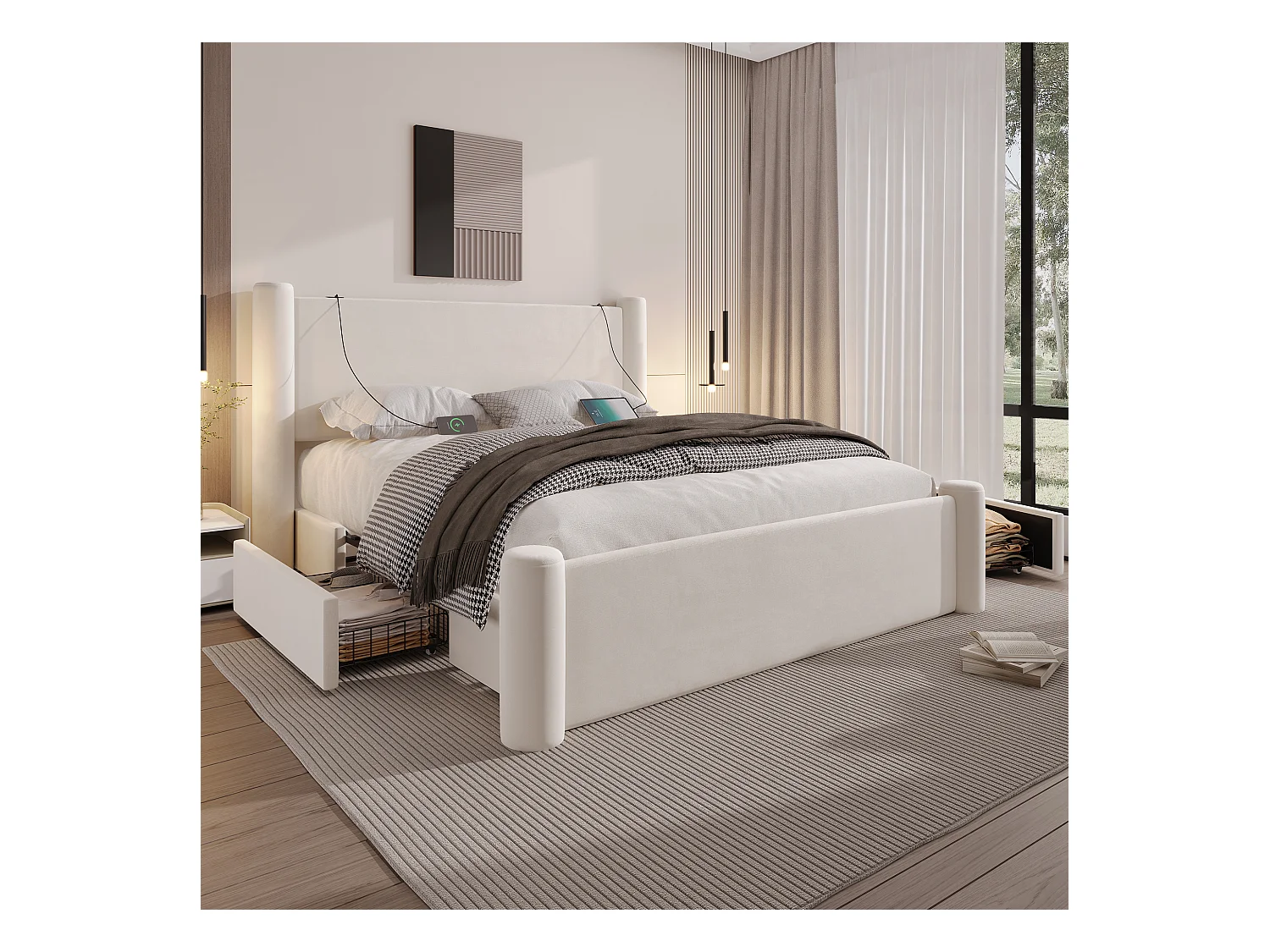Lit double 140x200 cm - Lit adulte avec 2 tiroirs et recharge USB - pieds cylindriques - velours beige