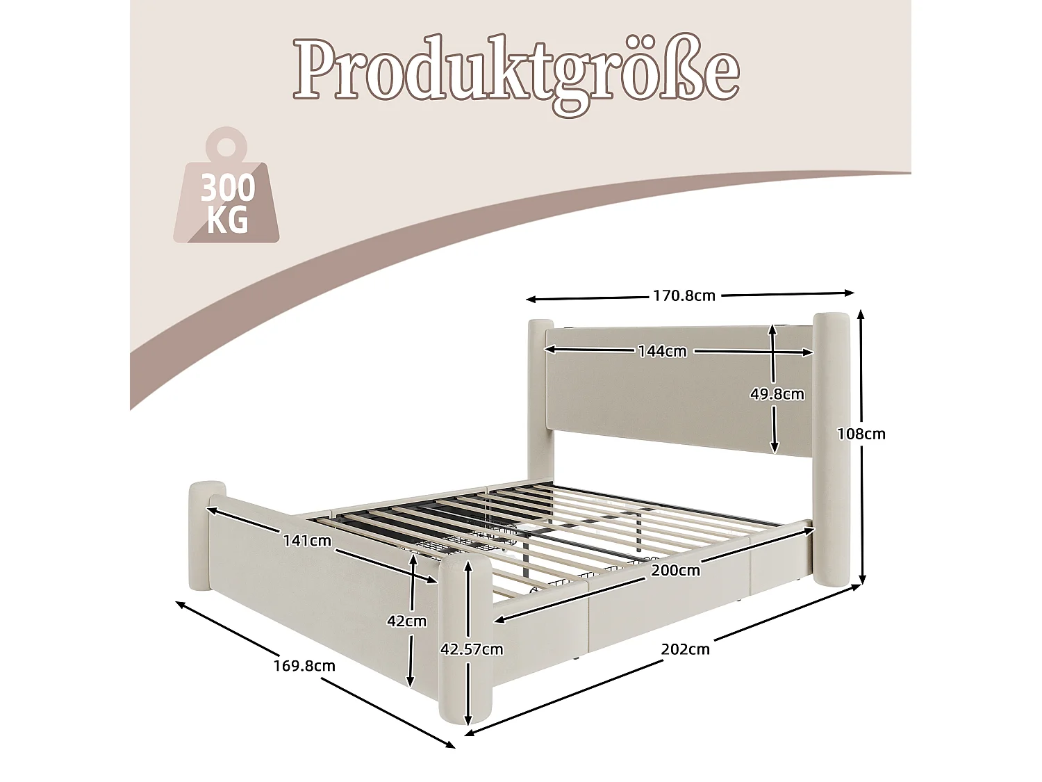 Lit double 140x200 cm - Lit adulte avec 2 tiroirs et recharge USB - pieds cylindriques - velours beige
