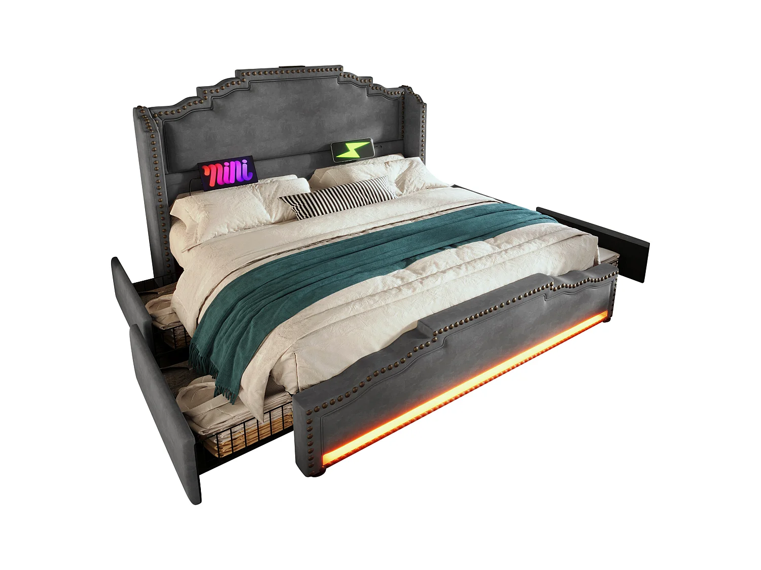 Lit double adulte 140x200, en velours gris avec LED multicolore et 4 tiroirs(sans matelas)