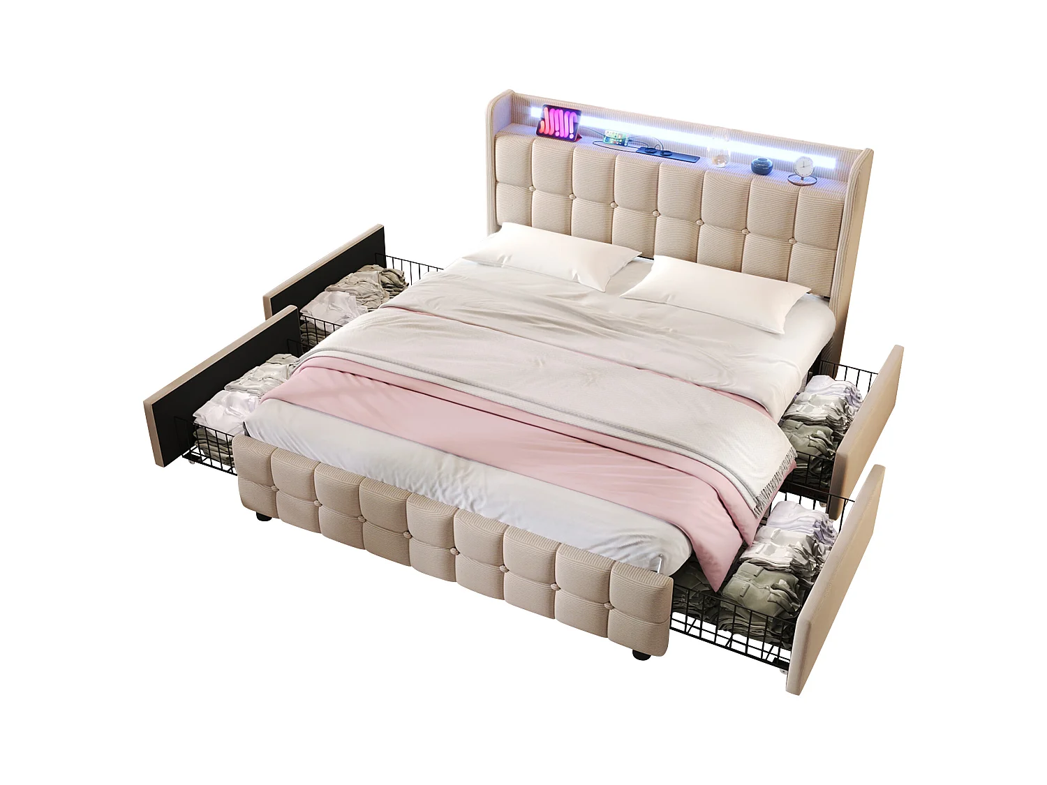 Lit adulte 180x200 cm - Lit double avec chargement USB et LED - 4 tiroirs - lin beige