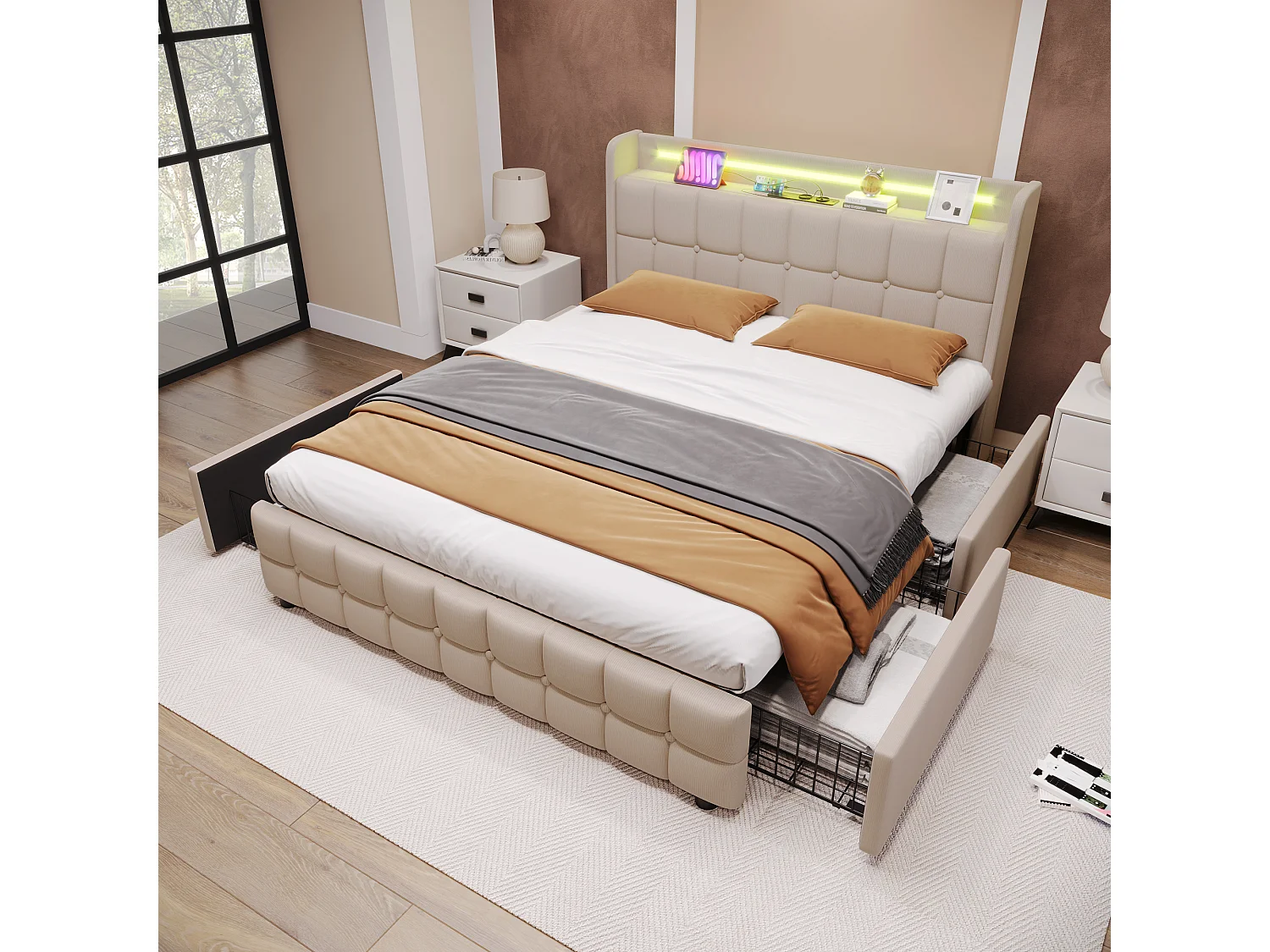 Lit adulte 180x200 cm - Lit double avec chargement USB et LED - 4 tiroirs - lin beige