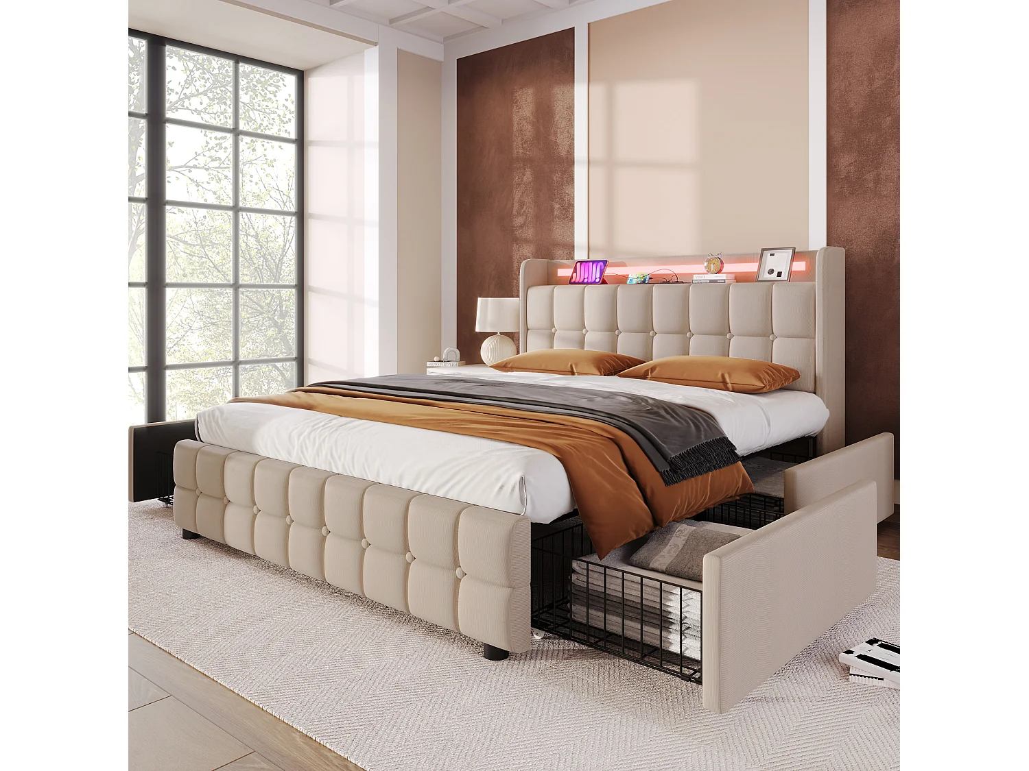 Lit adulte 180x200 cm - Lit double avec chargement USB et LED - 4 tiroirs - lin beige