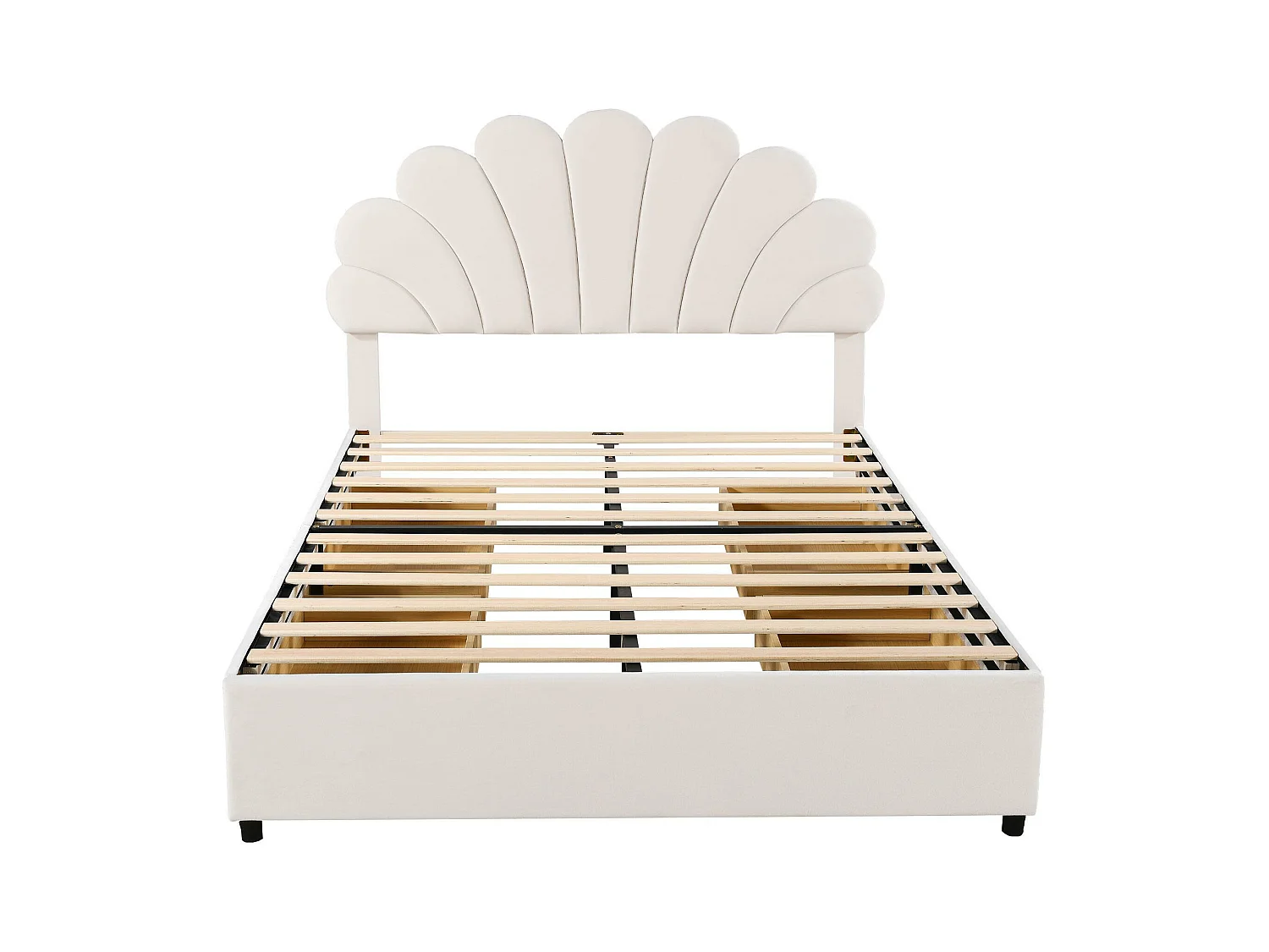 Lit adulte rembourré 140x200 cm beige en velours, tête de lit fleurie, Lit adulte enfant avec 4 tiroirs de rangement, sans matelas