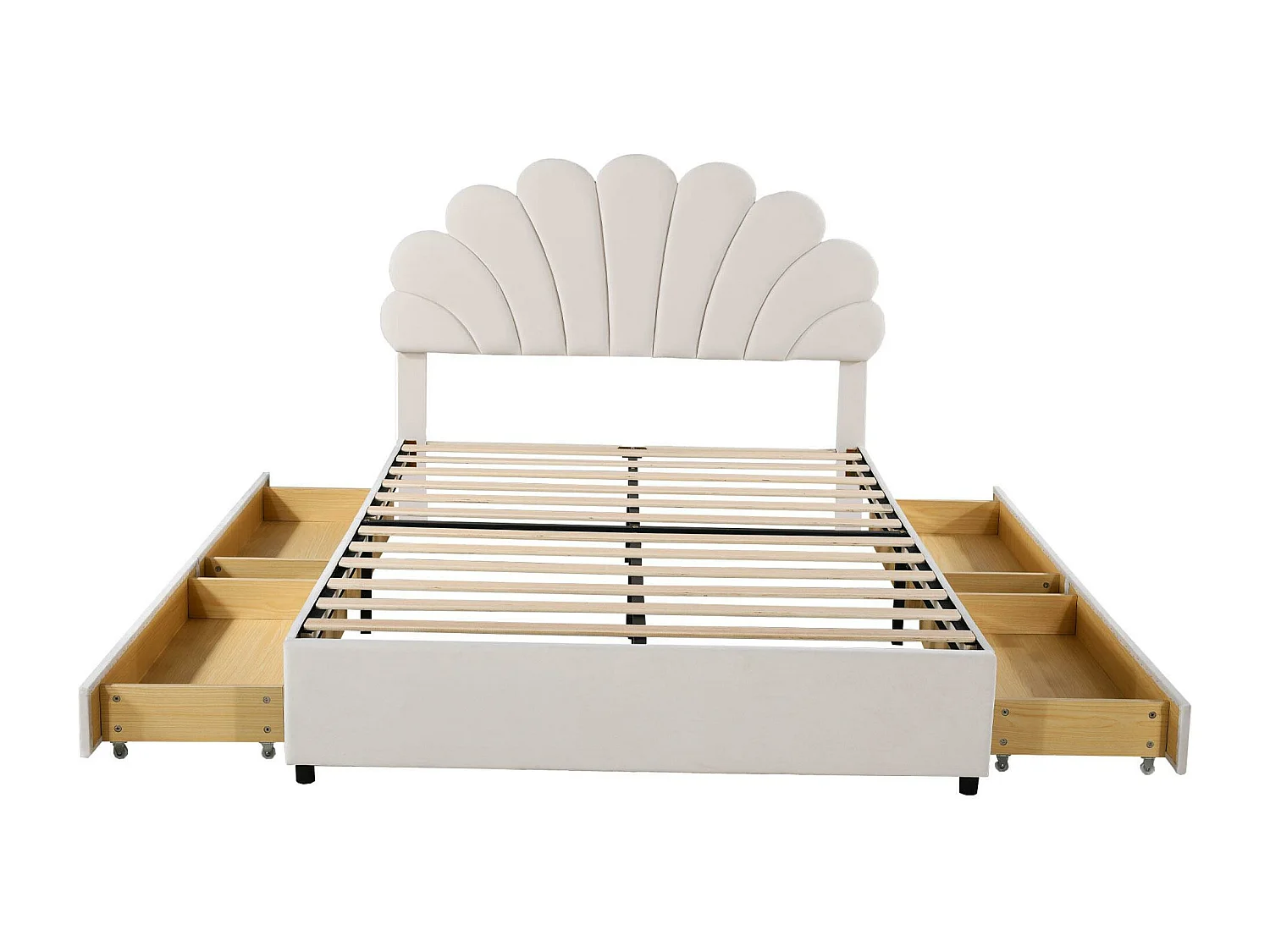 Lit adulte rembourré 140x200 cm beige en velours, tête de lit fleurie, Lit adulte enfant avec 4 tiroirs de rangement, sans matelas