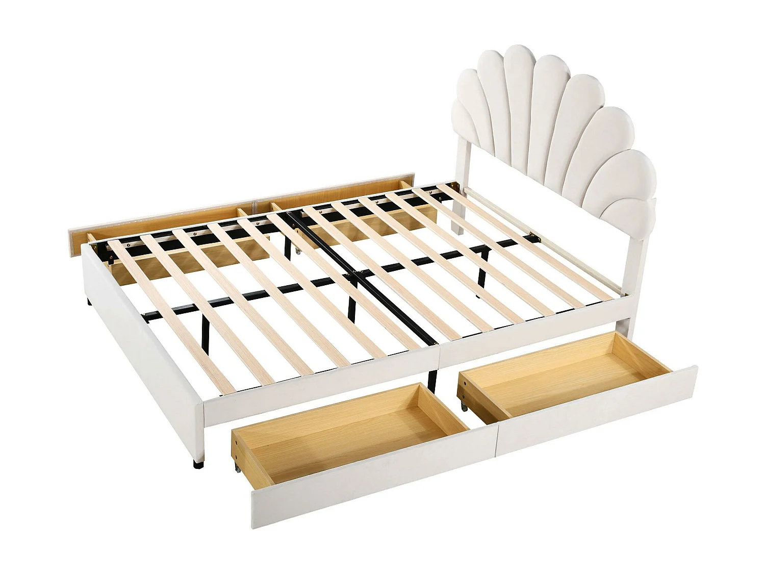 Lit adulte rembourré 140x200 cm beige en velours, tête de lit fleurie, Lit adulte enfant avec 4 tiroirs de rangement, sans matelas