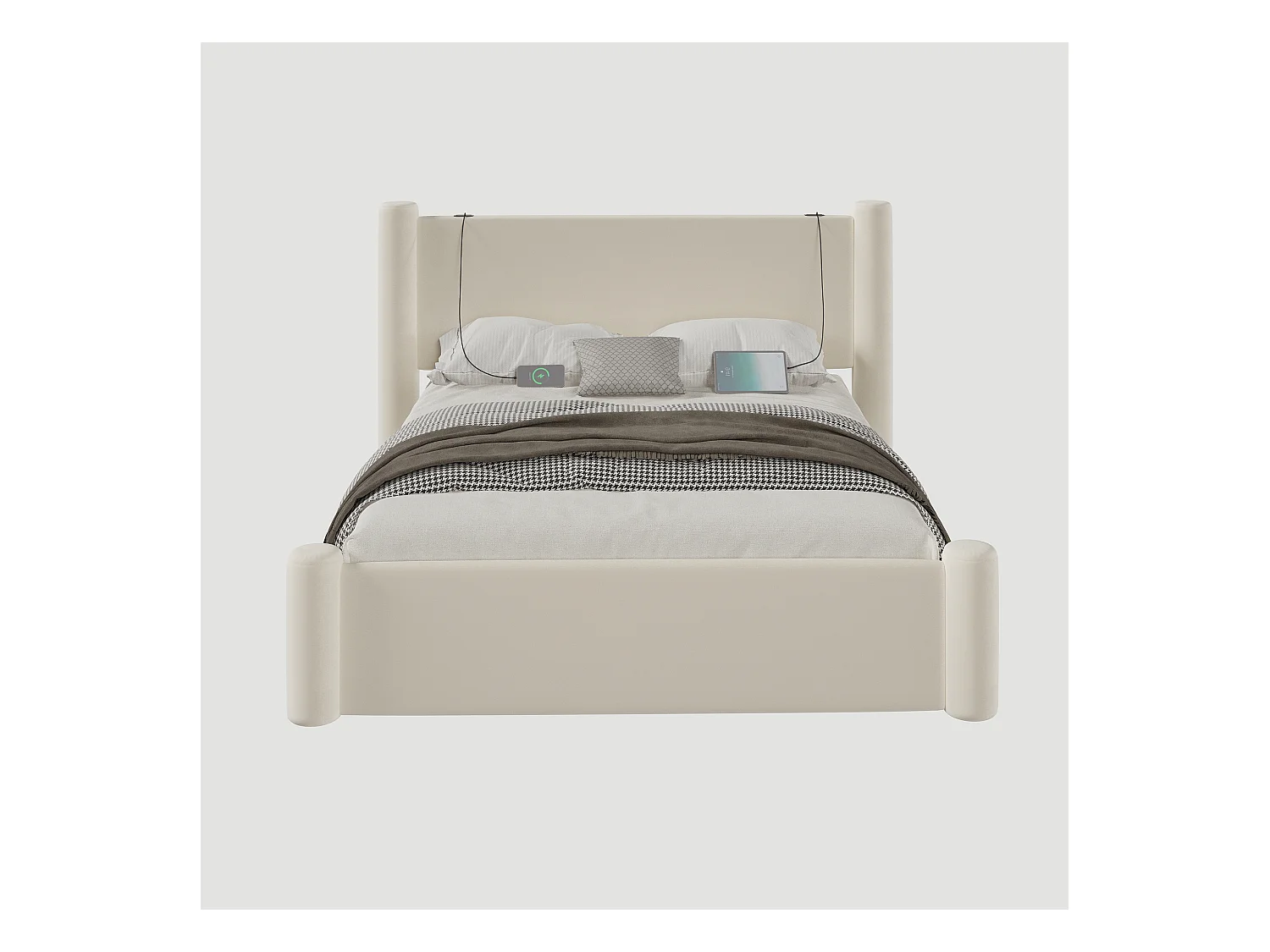 Lit adulte 160x200 cm - Lit double avec 2 tiroirs et chargeur USB - pieds cylindriques - velours beige